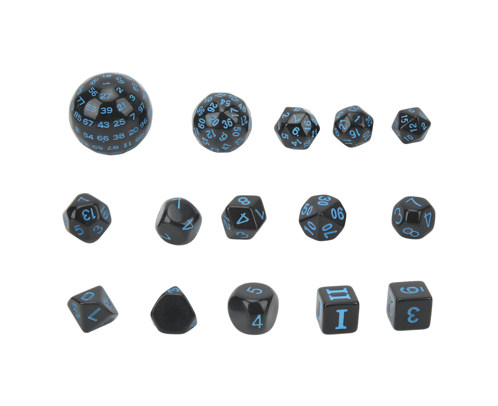 15Pcs Polyhedral Dice Set Acrylic D3 to D100 Table Gaming Dices for Role Playing Table Games Party Supplies Black and Blue Words