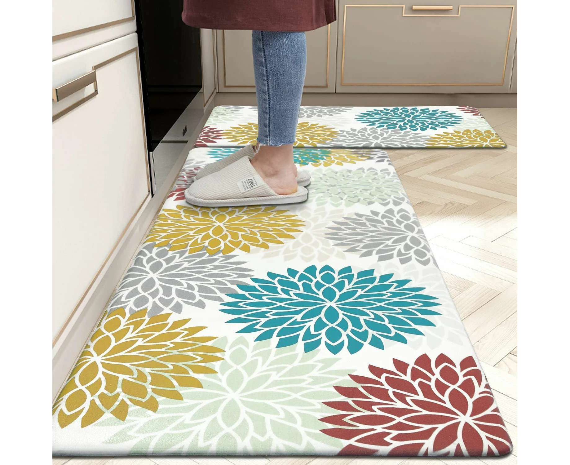 Plant Flower Long Floor Mat Household Kitchen Oil-absorbing Non-slip Two-piece-40*60+40*120cm-Main Image Style