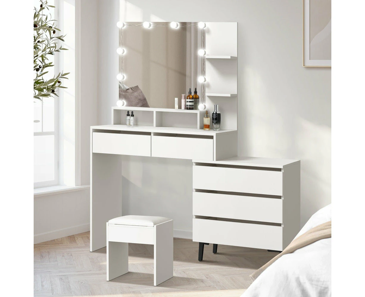 Capri Hollywood Dressing Table & Stool Set | LED Bulbs Mirror Storage Makeup Desk Cabinet in 2 Colours - Wood