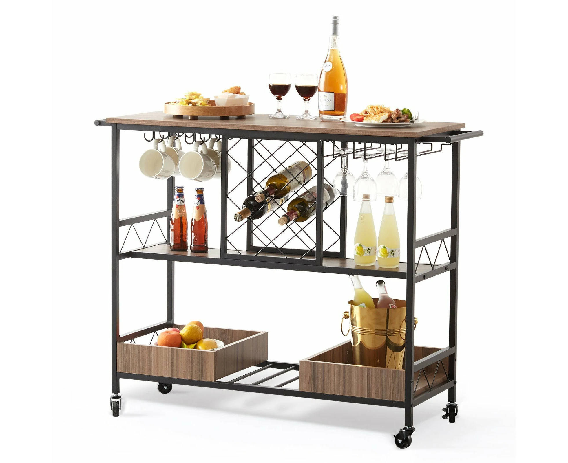 VEVOR 3-Tier Bar Serving Cart Rolling Trolley with Wine Grid Glass Holder 300LBS