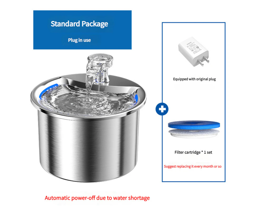 Stainless Steel Automatic Pet Water Fountain with USB Plug, Filter Cartridge Set, and Auto Power-Off Function