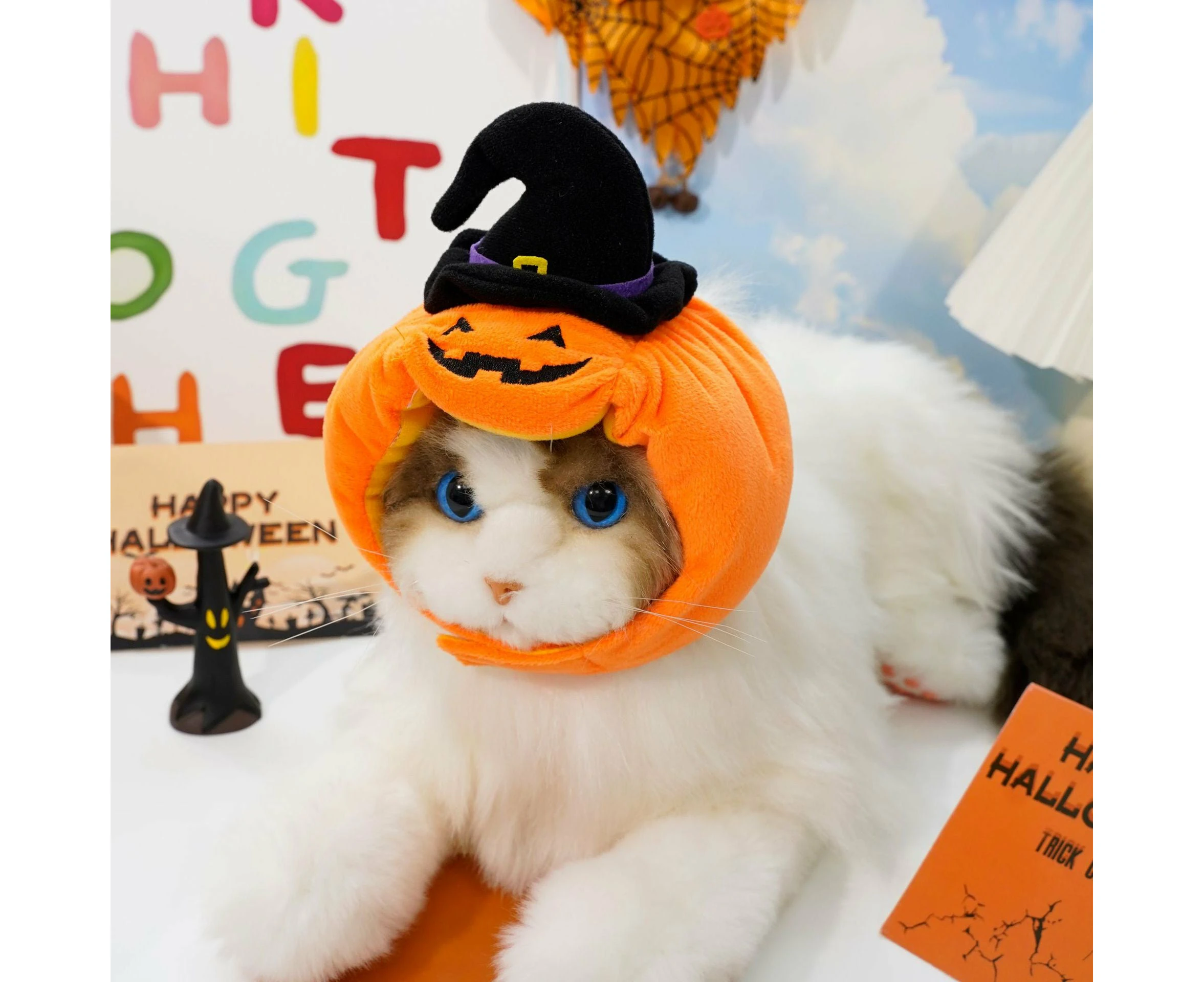 Halloween Pumpkin Hat for Cats - Adjustable Pet Costume with Witch Hat for Halloween Parties 3 pieces