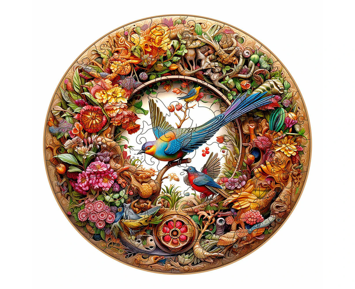 Wooden Jigsaw Puzzle - Garden Birds Vibrant Nature-Themed Circular Artwork(L-paper box-H188)