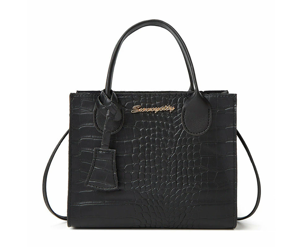 Elegant Crocodile Embossed Faux Leather Handbag - Black Tote with Dual Handle for Women 20*16*9cm