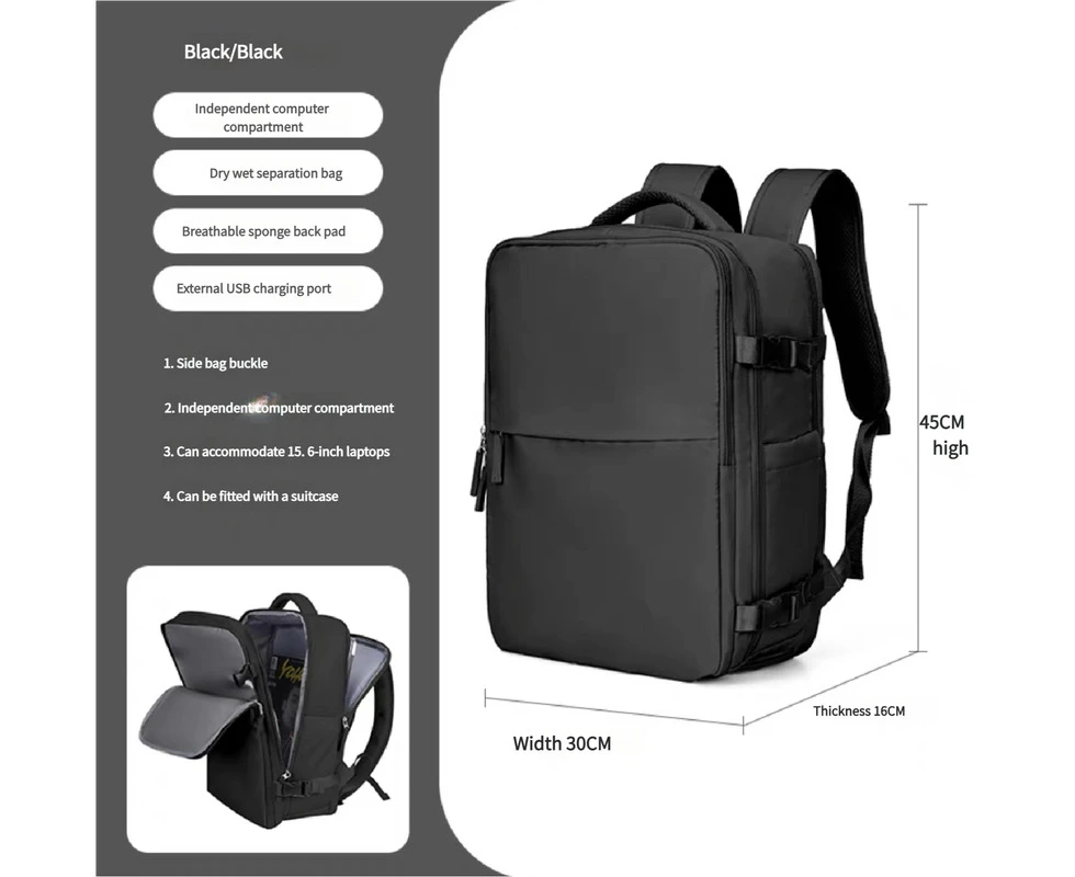 Water-Resistant Laptop Backpack with USB Charging Port and Wet-Dry Separation (Black)