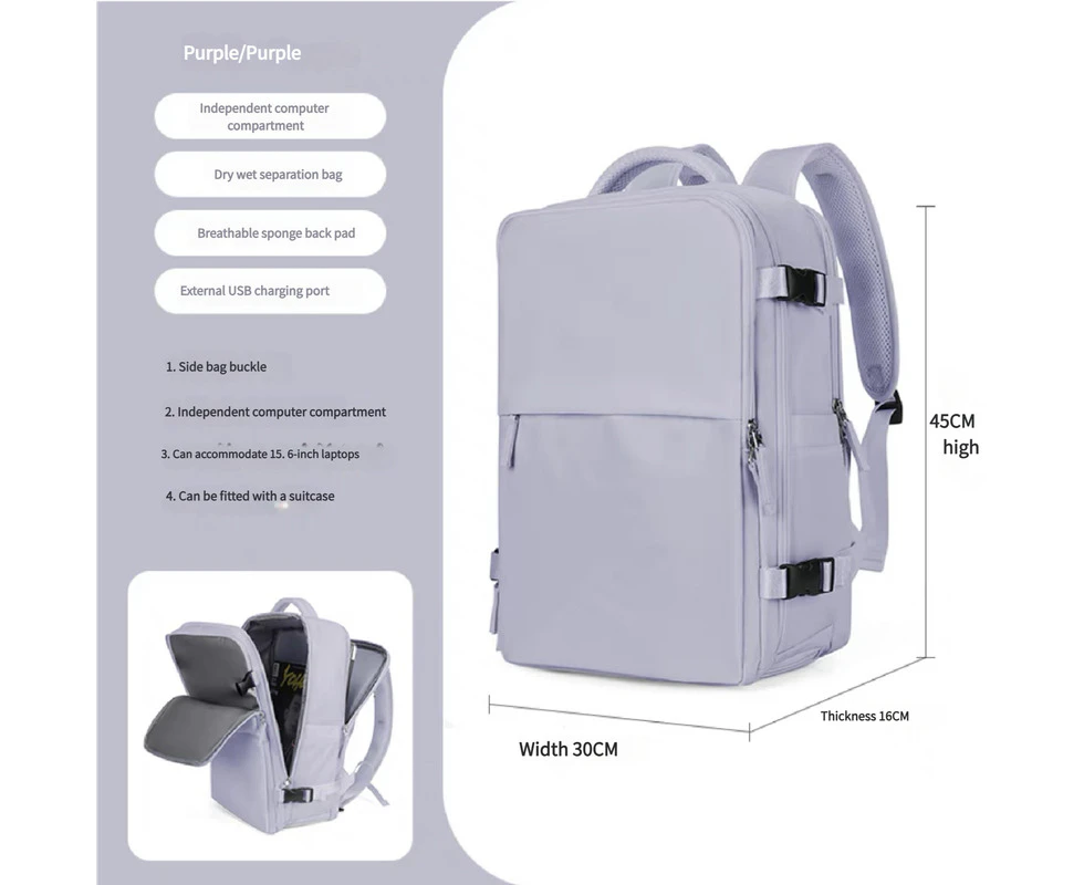 Water-Resistant Laptop Backpack with USB Charging Port and Wet-Dry Separation (Purple)