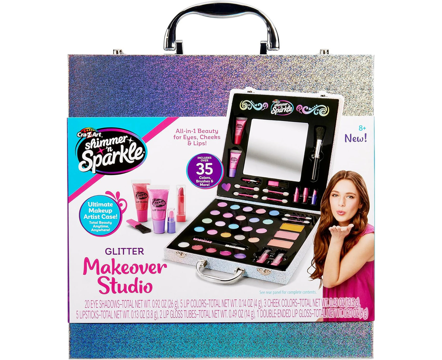 Shimmer 'n Sparkle Glitter Makeover Studio Beauty Kit – All-in-One Beauty for Eye, Cheeks and Lips for Ages 8 and Up