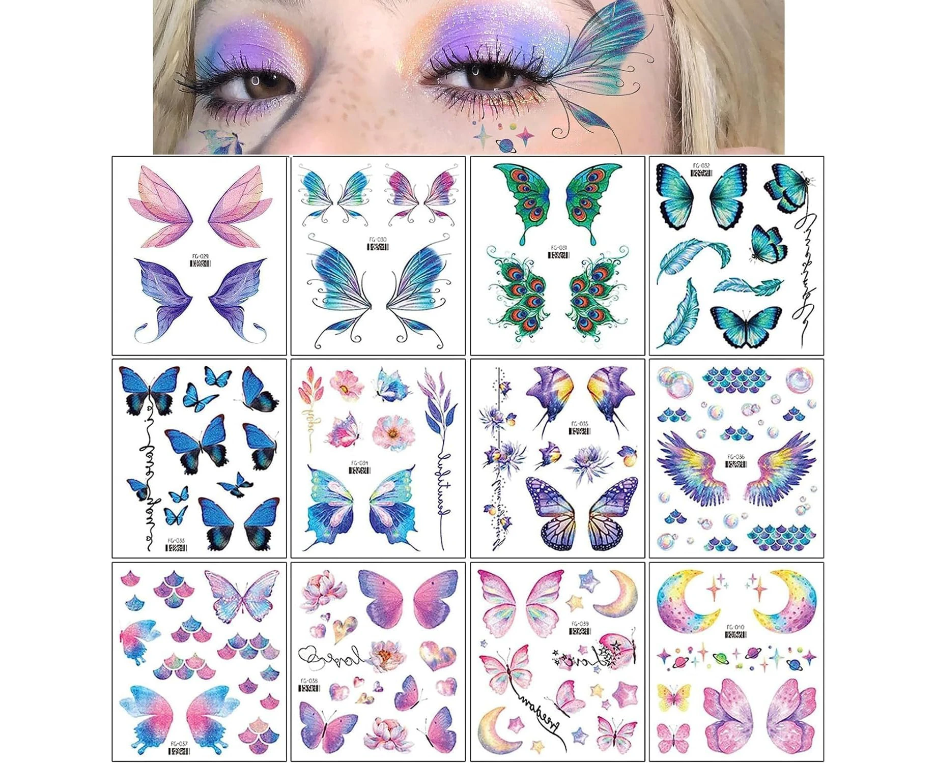 12 Sheets Glitter Butterfly Temporary Tattoos Sticker for Women Girls Eye Face Makeup Decoration, Flash Fairy Wings Body Art Shiny Butterflies Waterproof F