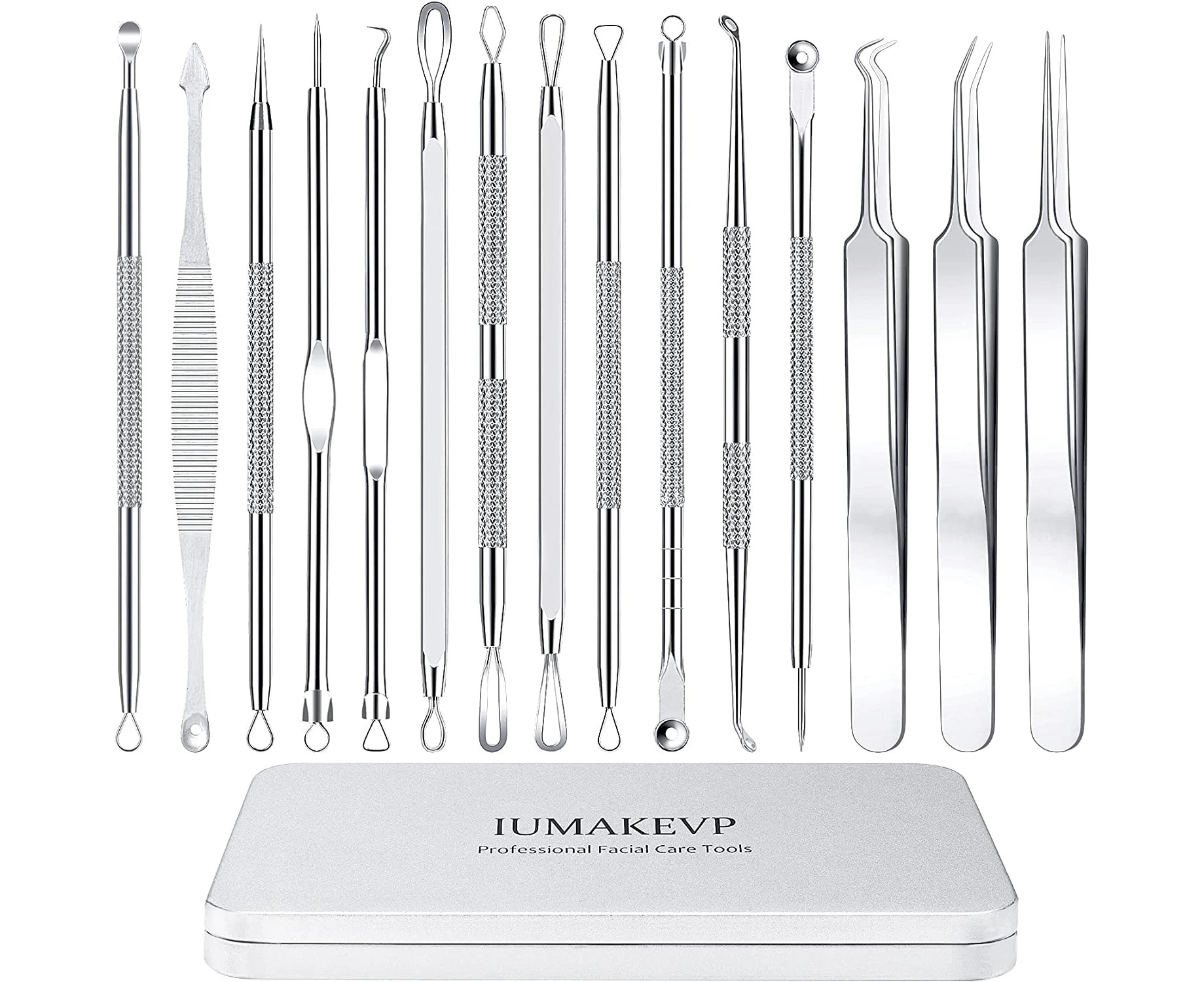 Pimple Popper Tool Kit, IUMAKEVP 15 PCS Professional Stainless Steel Blackhead Remover Comedone Extractor Tools for Removing Zit on Face - Acne Removal Kit