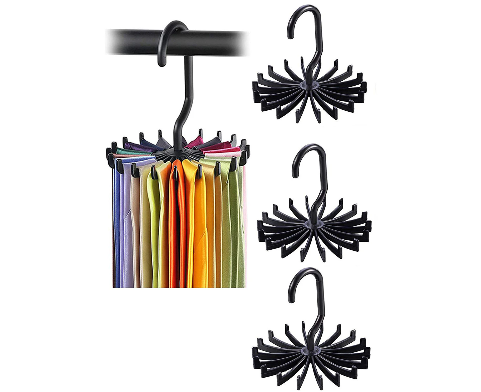 Pack of 3 Rotating Scarf Hangers Belts Scarves Hooks Hangers 360° Rotating Tie Hangers Rotate Tie Rack Belt Holder Holder