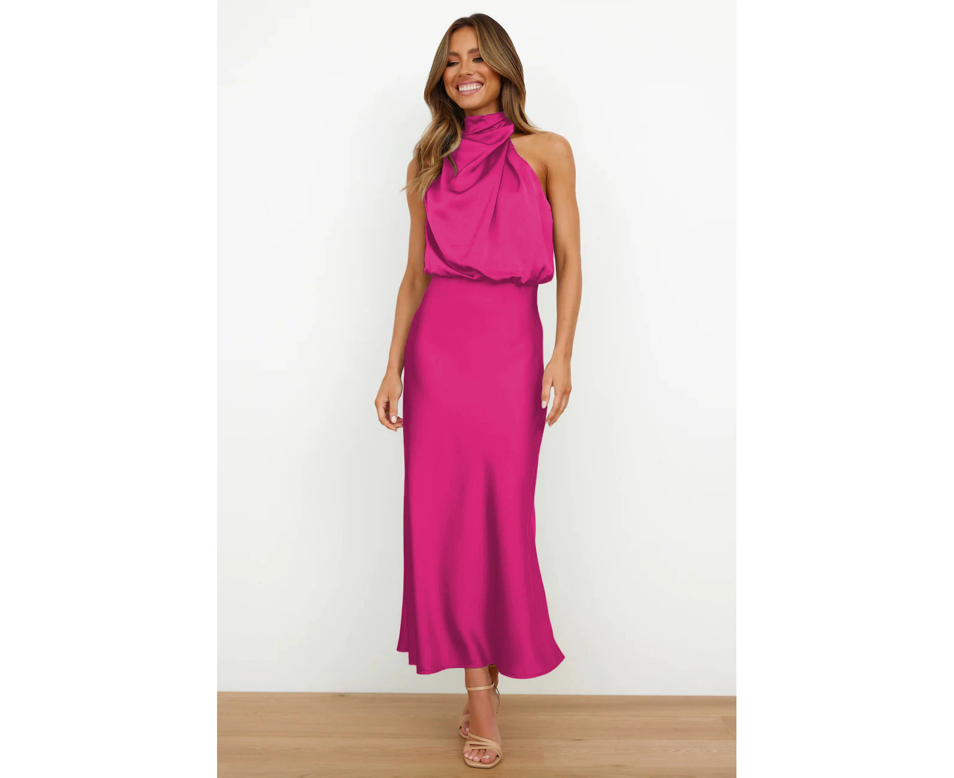 Women's Summer Satin Dress Elegant Sleeveless Mock Neck Cocktail Party Maxi Dresses