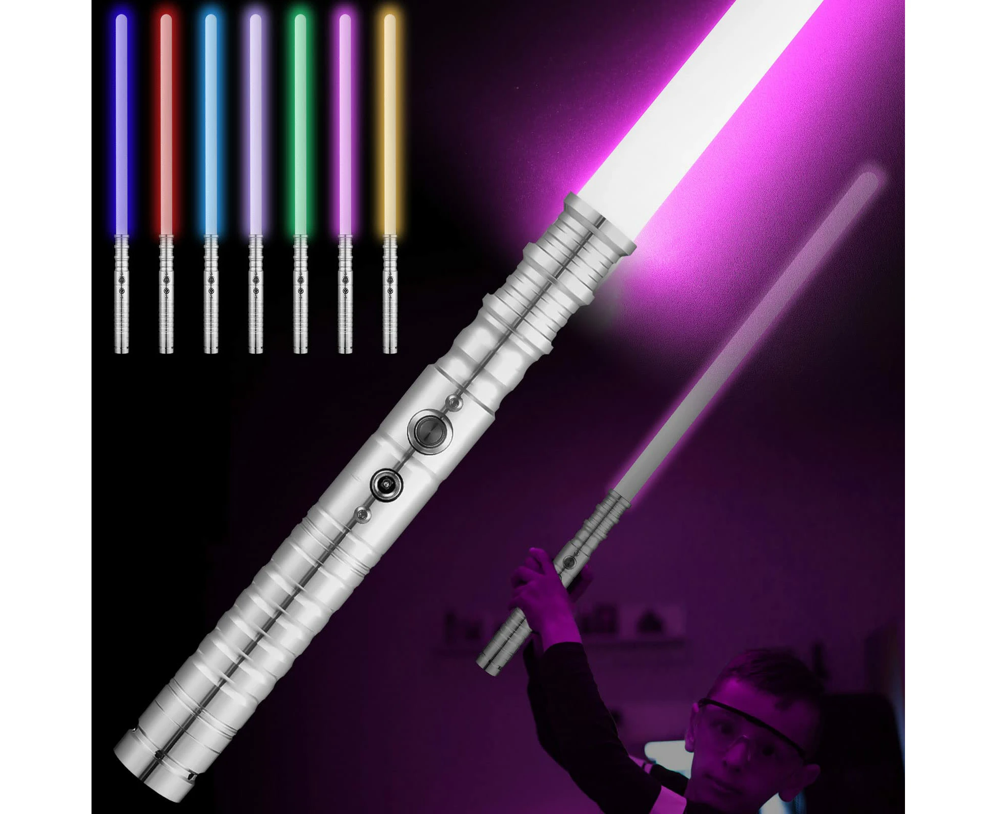 AVITONG RGB Lightsaber Toy offers 7 colors, an aluminum alloy hilt, USB rechargeable, and a removable blade, measuring 16.9 in (Silver handle)