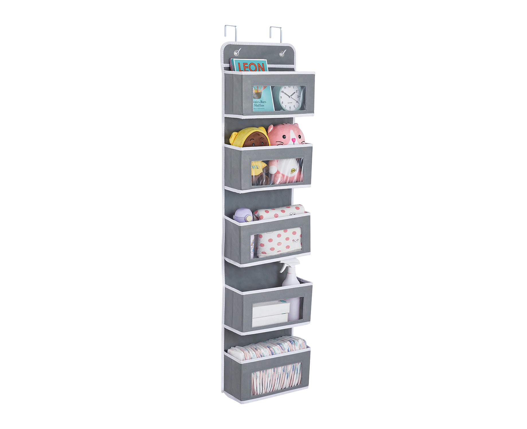 AVITONG 1 Pack Over The Door Storage Organizer with 5 Pockets, Suitable for Bedrooms, Bathrooms, Nurseries, and Dormitories (Grey).