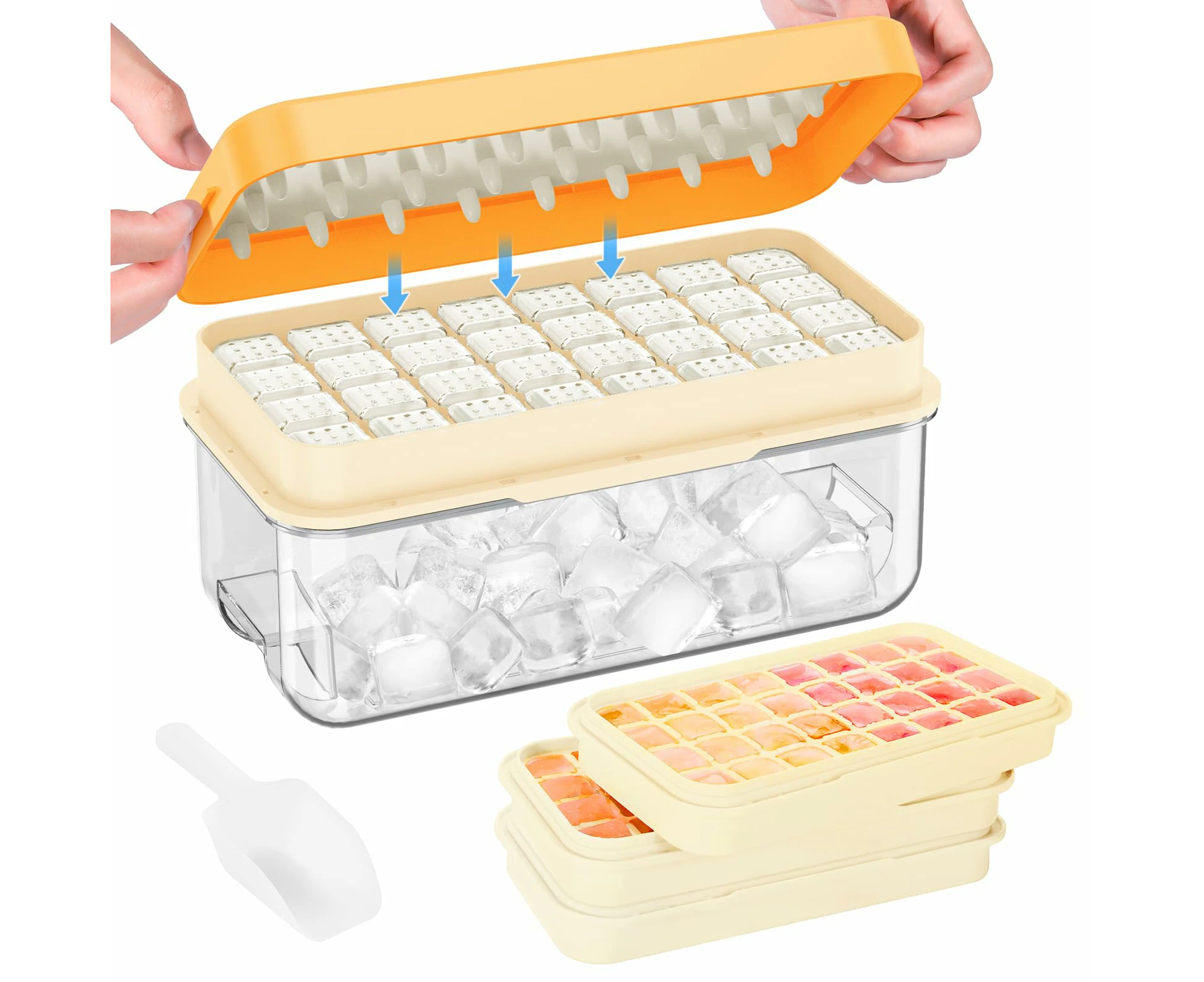 AVITONG Ice Cube Tray Set，Includes 3 BPA-free trays, a container, a lid, and scoop, Makes 96 ice cubes (Orange)