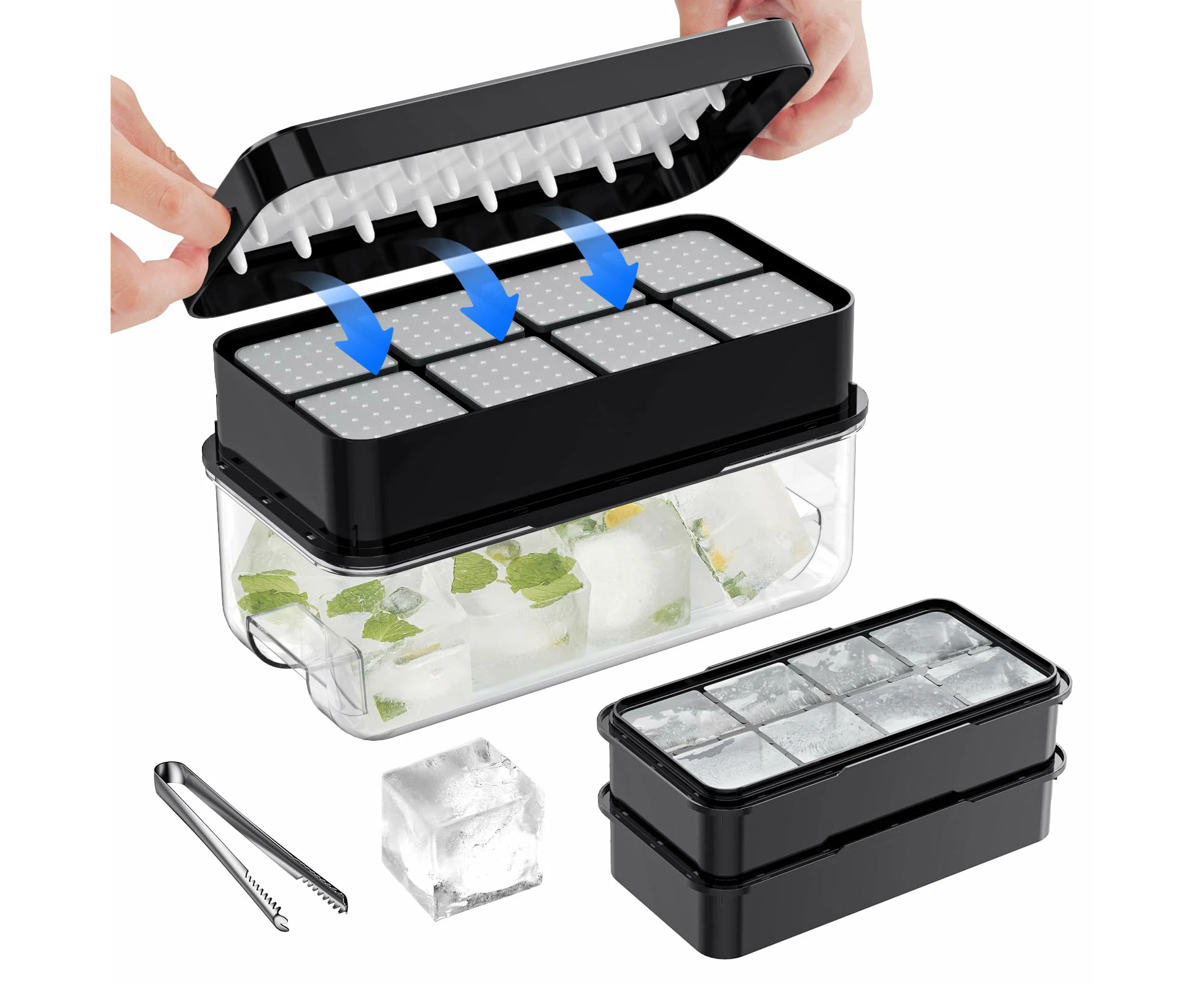 AVITONG large Ice Cube Tray Set，Includes 2 BPA-free trays, a container, a lid and tongs，Makes 16 large ice cubes (Black)