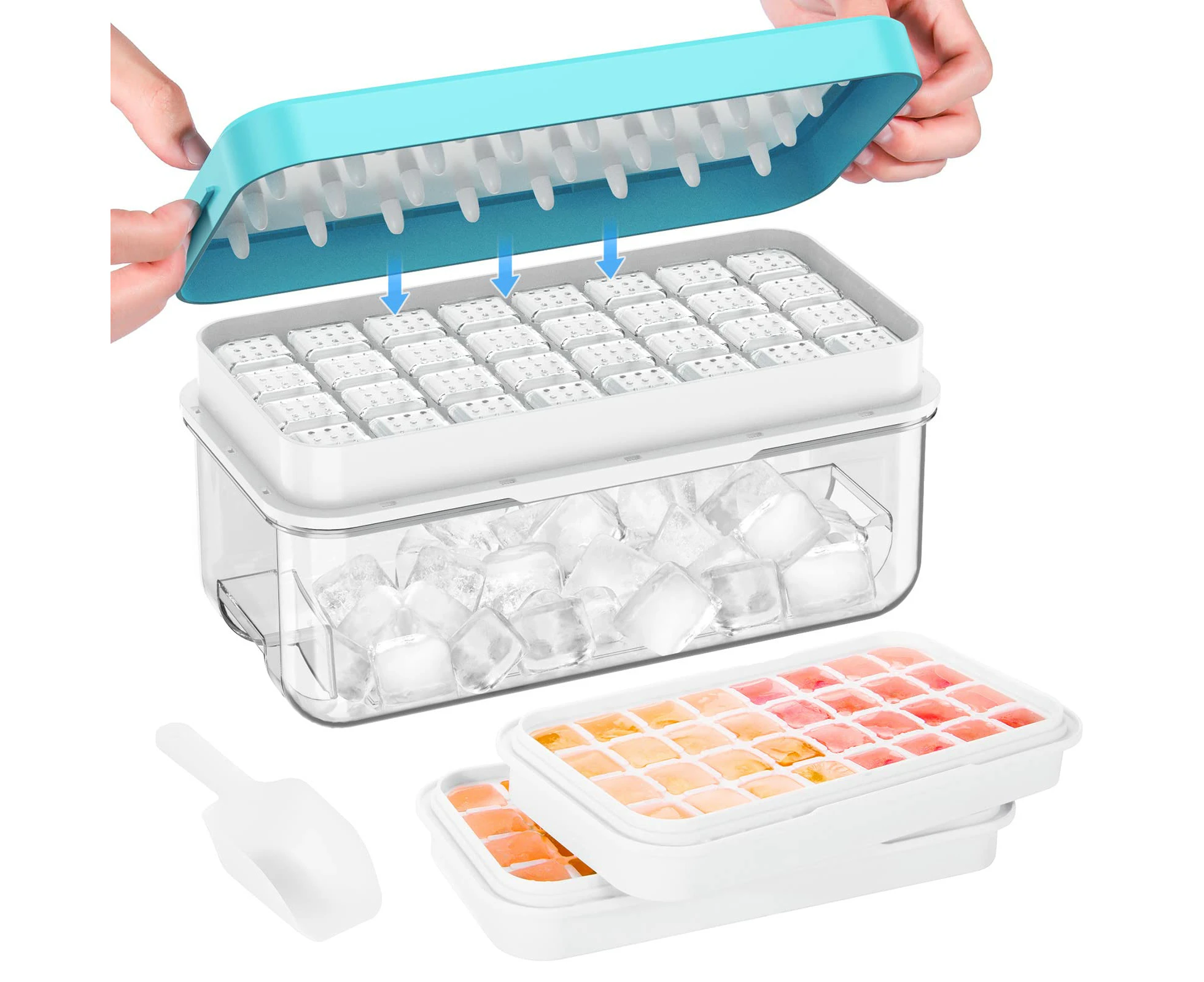 AVITONG Ice Cube Tray Set，Includes 2 BPA-free trays, a container, lid, and scoop. Makes 64 ice cubes (Blue)