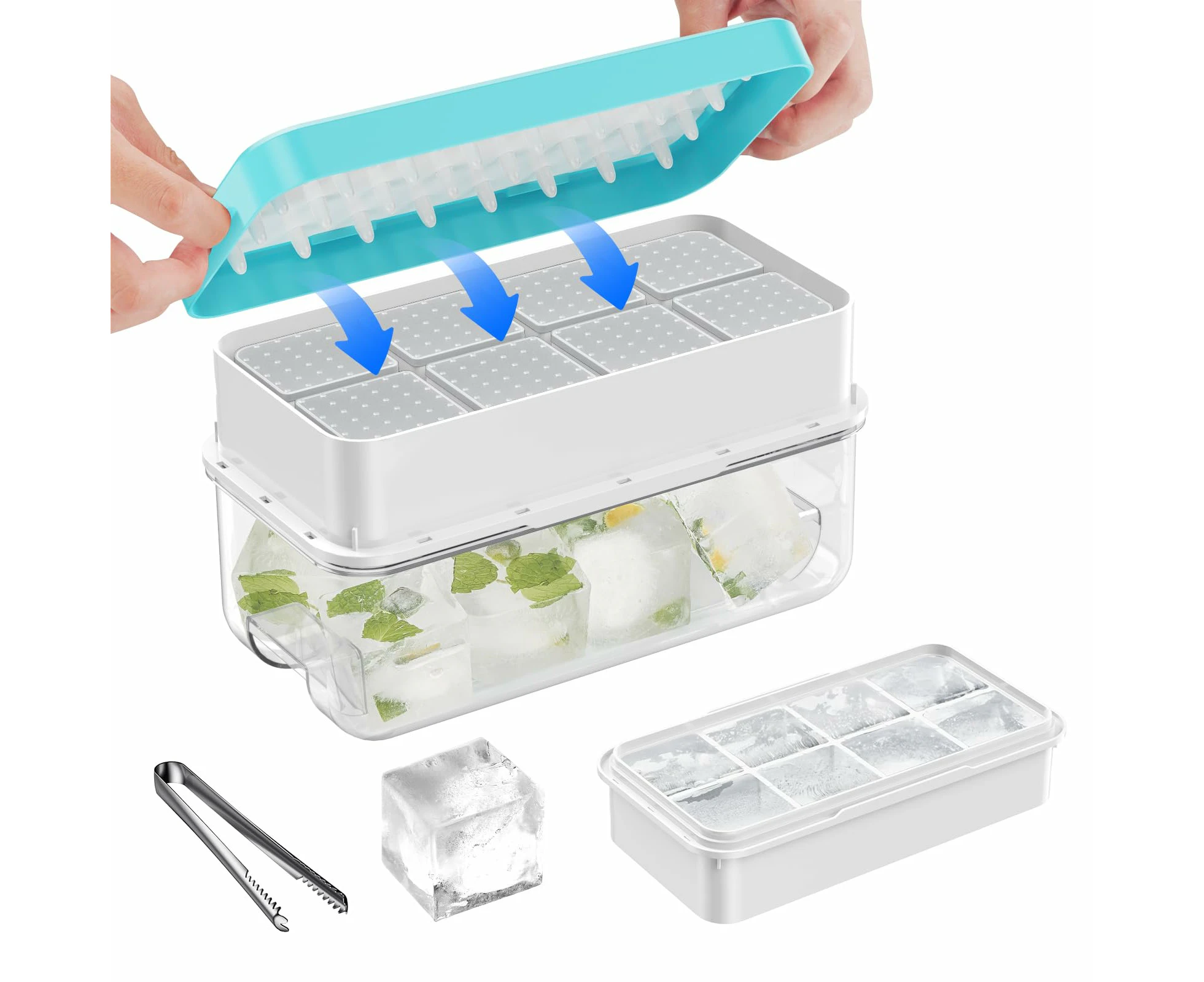 AVITONG large Ice Cube Tray Set，Includes 1 BPA-free trays, a container, a lid and tongs，Makes 8 large ice cubes (Blue)