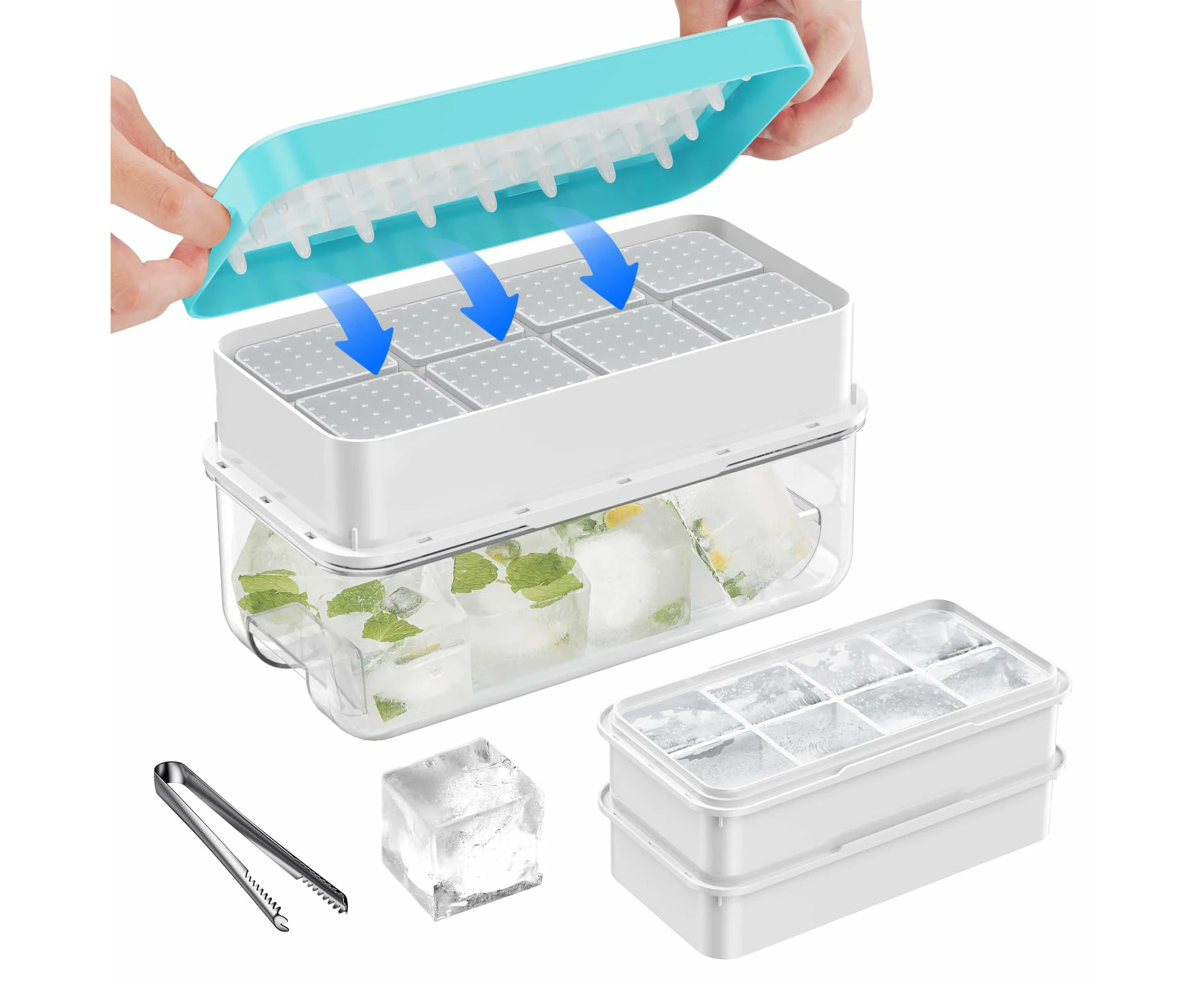 AVITONG large Ice Cube Tray Set，Includes 2 BPA-free trays, a container, a lid and tongs，Makes 16 large ice cubes (Blue)