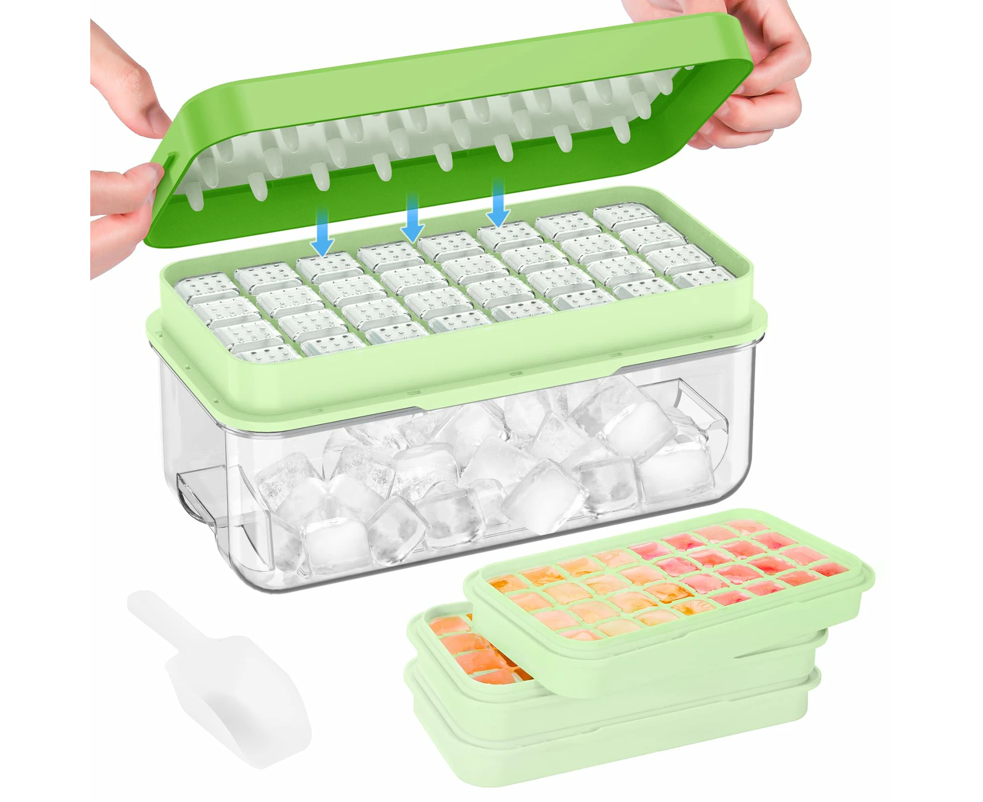 AVITONG Ice Cube Tray Set，Includes 3 BPA-free trays, a container, a lid, and scoop, Makes 96 ice cubes (Green)