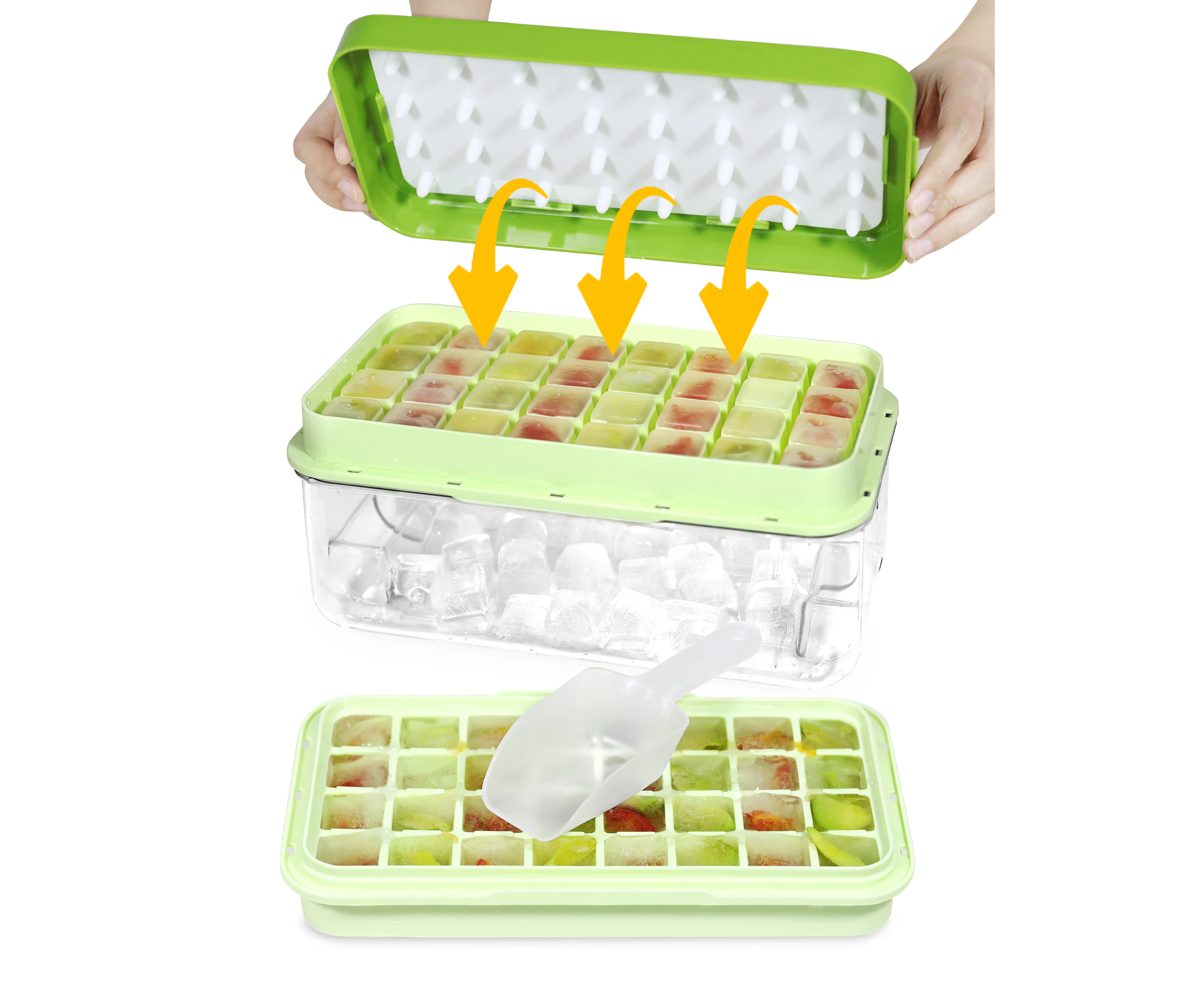 AVITONG Ice Cube Tray Set，Includes 2 BPA-free trays, a container, lid, and scoop. Makes 64 ice cubes (Green)