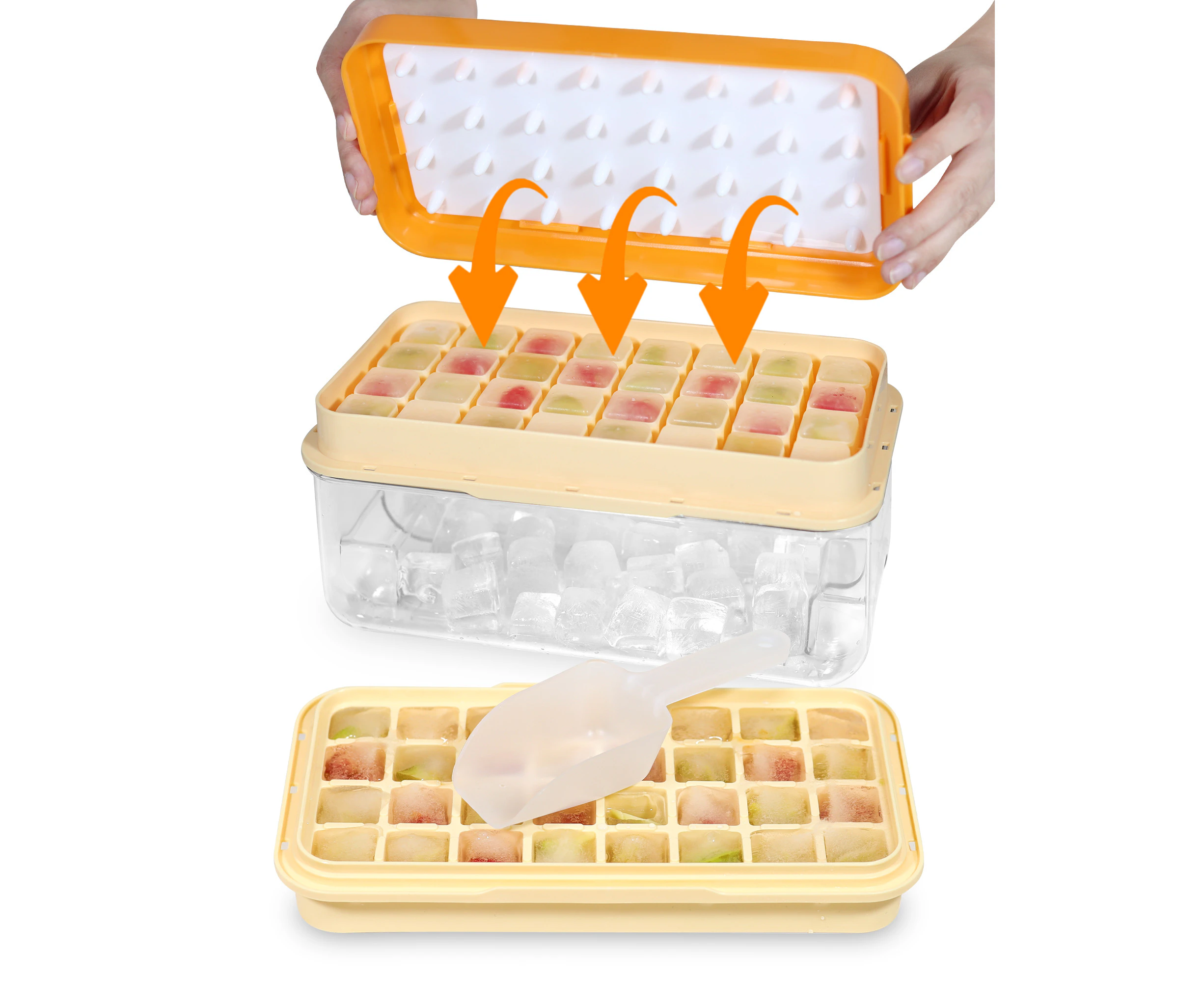 AVITONG Ice Cube Tray Set，Includes 2 BPA-free trays, a container, lid, and scoop. Makes 64 ice cubes (Orange)