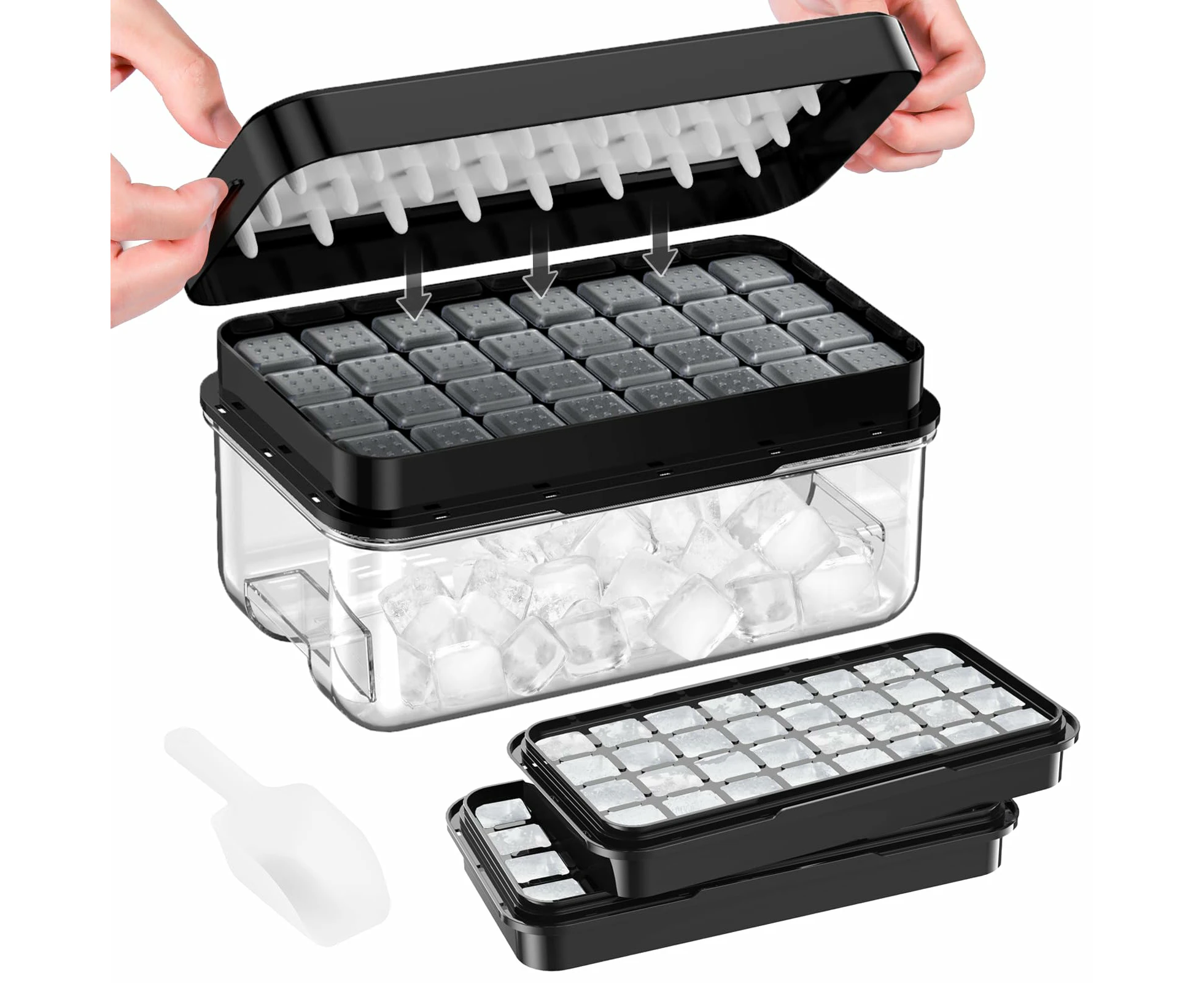 AVITONG Ice Cube Tray Set，Includes 2 BPA-free trays, a container, lid, and scoop. Makes 64 ice cubes (Black)