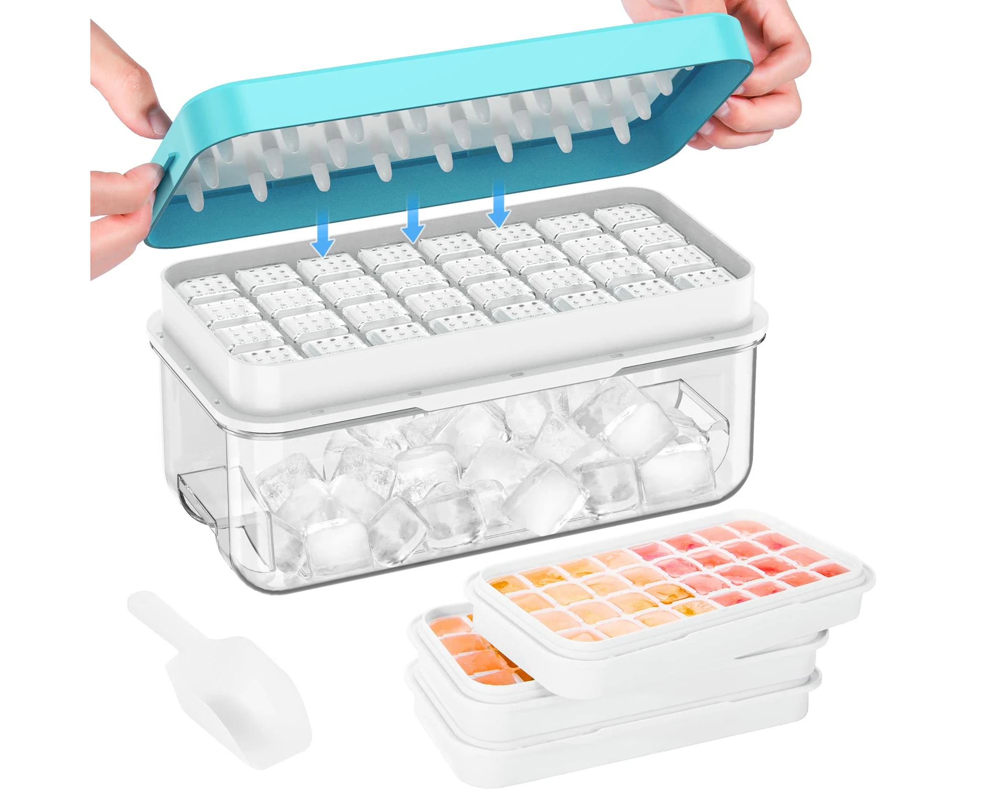 AVITONG Ice Cube Tray Set，Includes 3 BPA-free trays, a container, a lid, and scoop, Makes 96 ice cubes (Blue)