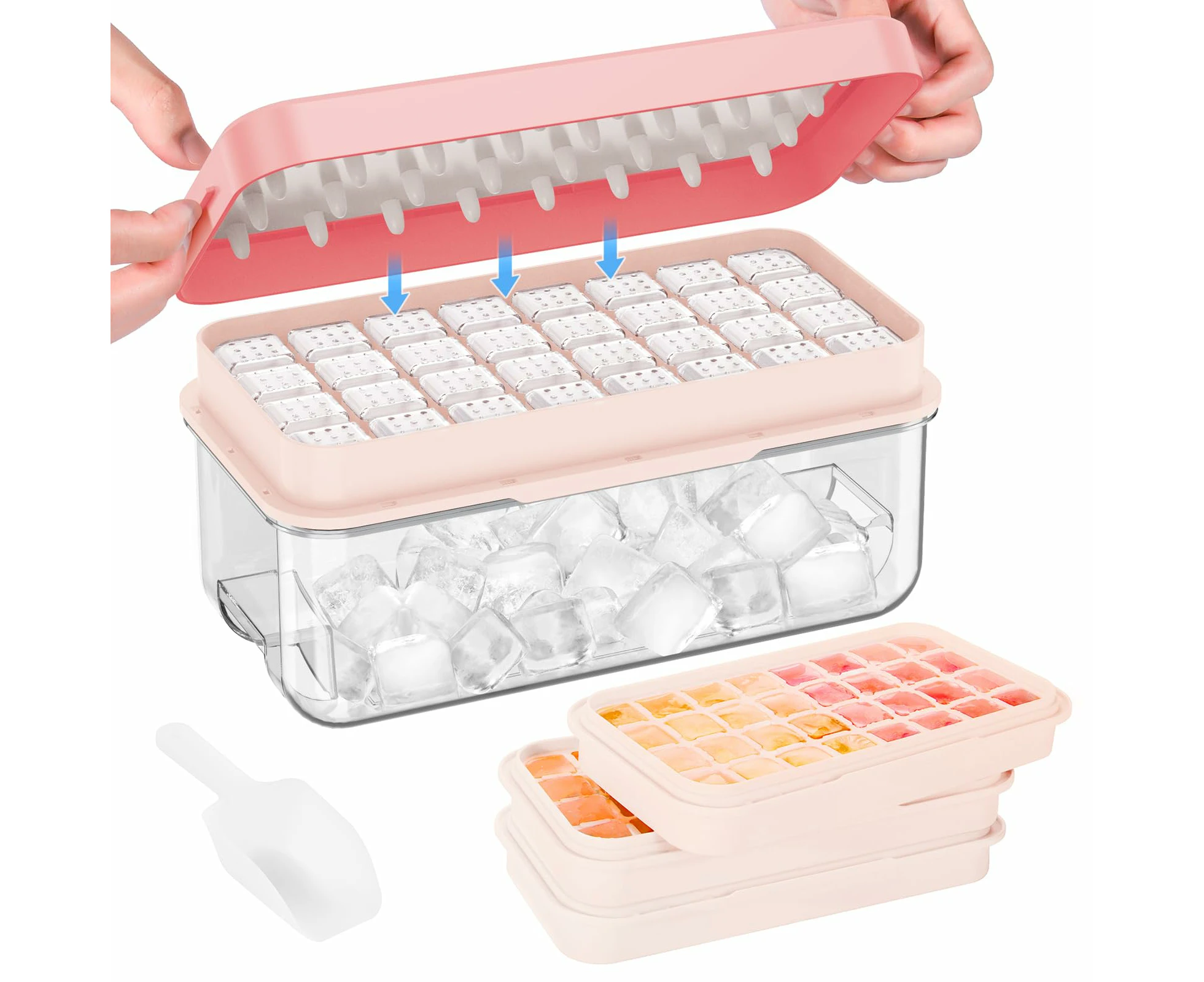 AVITONG Ice Cube Tray Set，Includes 3 BPA-free trays, a container, a lid, and scoop, Makes 96 ice cubes (Pink)