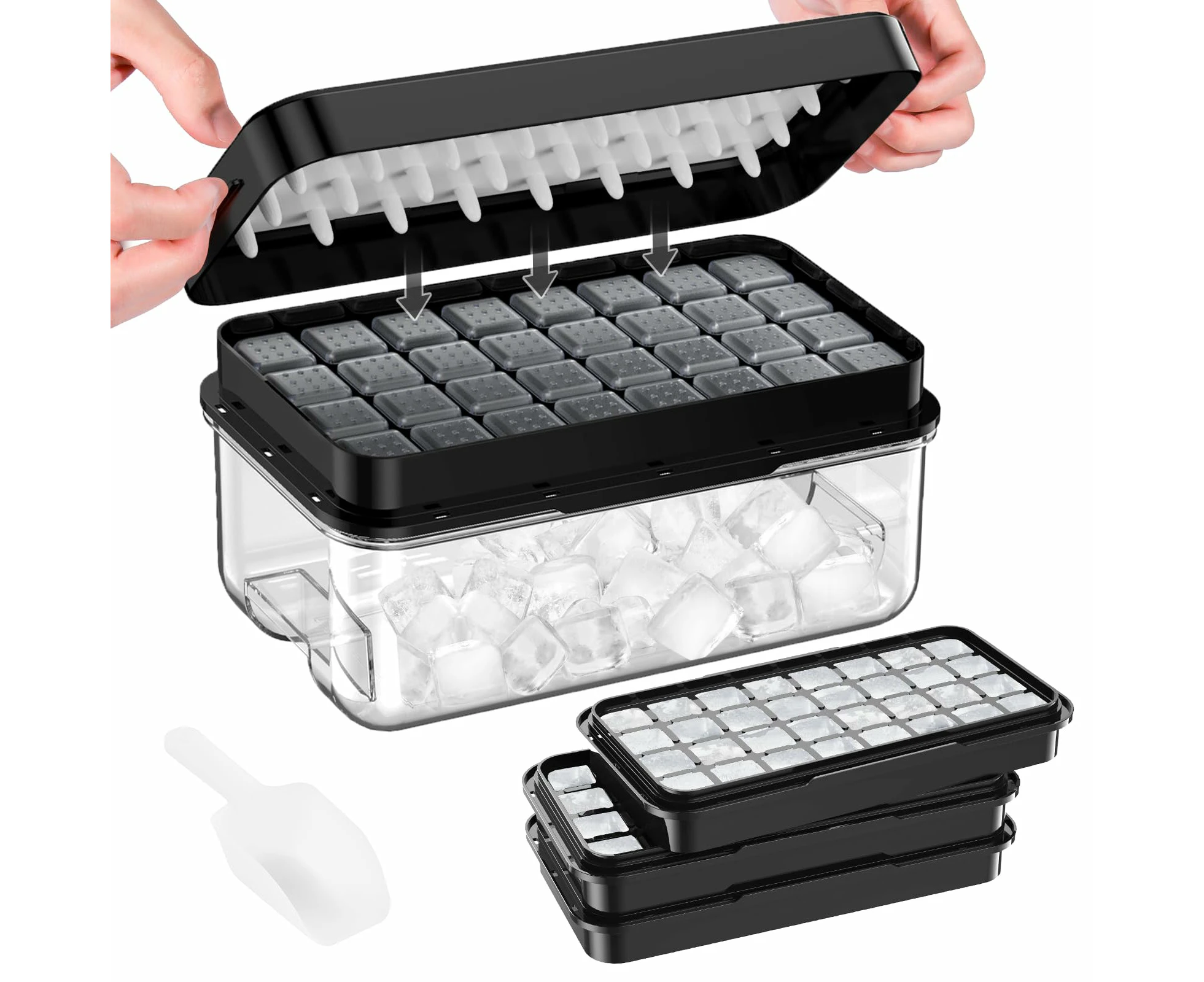 AVITONG Ice Cube Tray Set，Includes 3 BPA-free trays, a container, a lid, and scoop, Makes 96 ice cubes (Black)