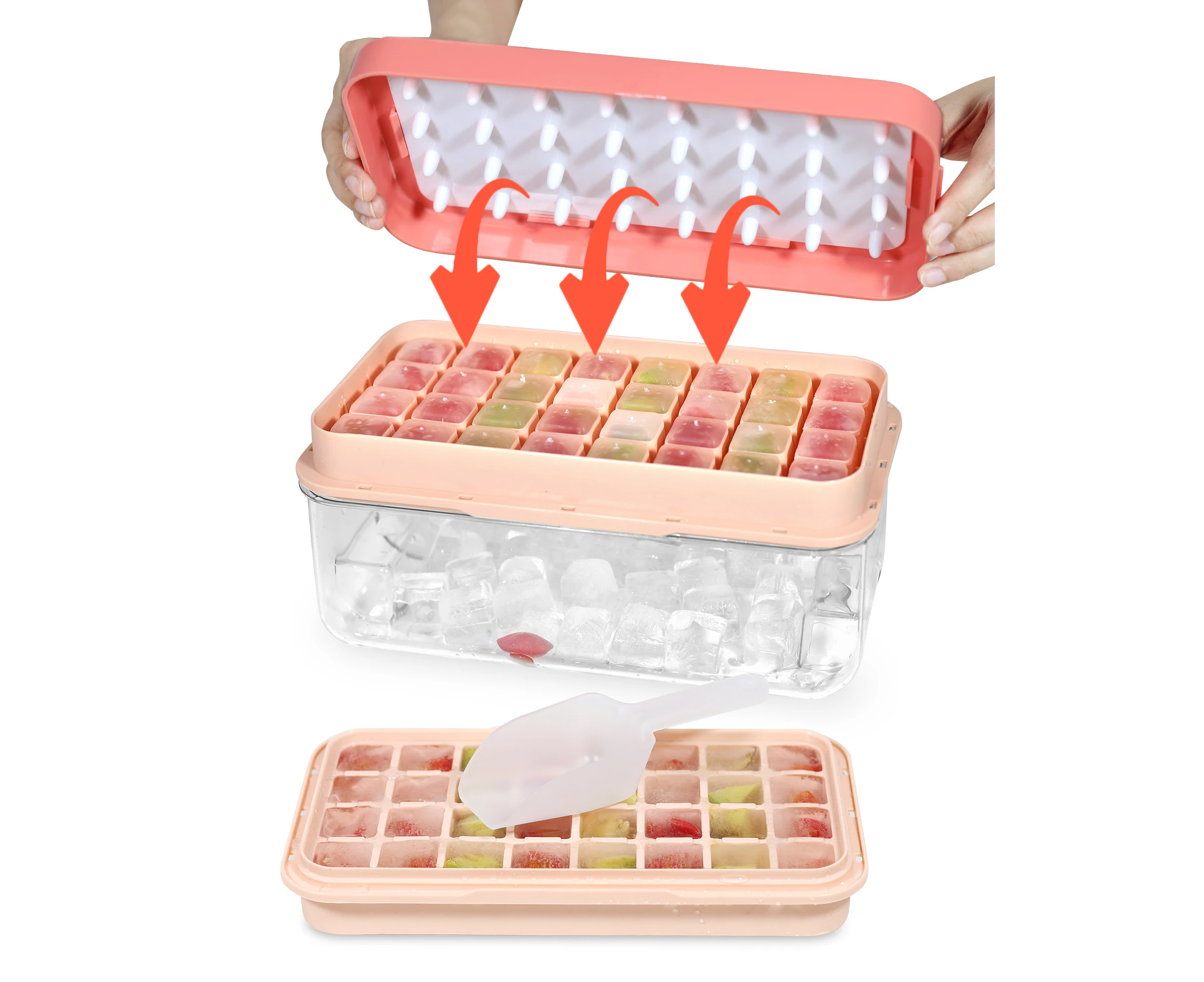 AVITONG Ice Cube Tray Set，Includes 2 BPA-free trays, a container, lid, and scoop. Makes 64 ice cubes (Pink)