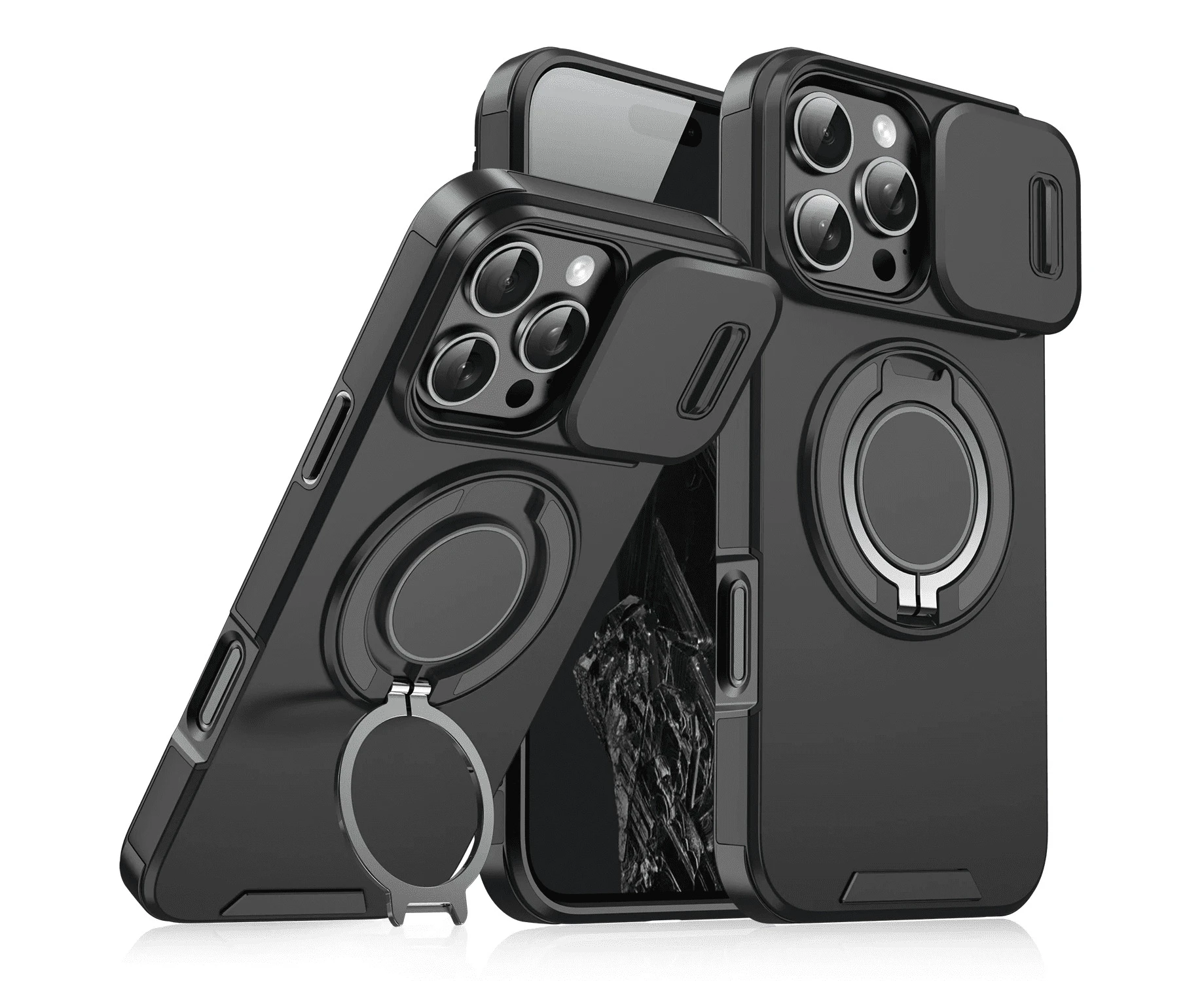 Armor Camera Protection Case For iPhone 16 15 Pro Max Plus Magnetic Metal Ring Stand Phone Cover Slide Lens Funda