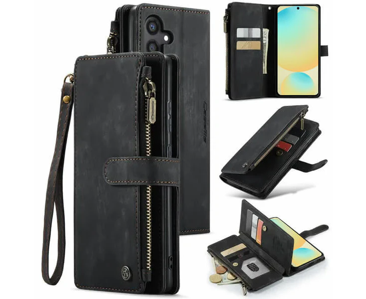 CaseMe C30 For Samsung Galaxy S24 FE Vintage Leather Folio Zipper Wallet Case with Magnetic Closure and 7 Card Slots (Black)