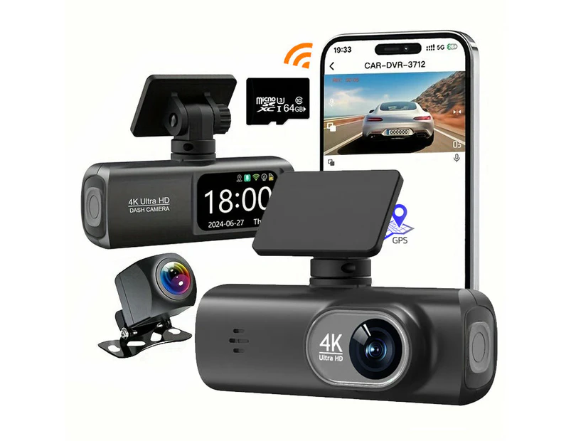 4K Front and Rear Dual Dash Cam WiFi GPS Car Camera with 64GB SD Card