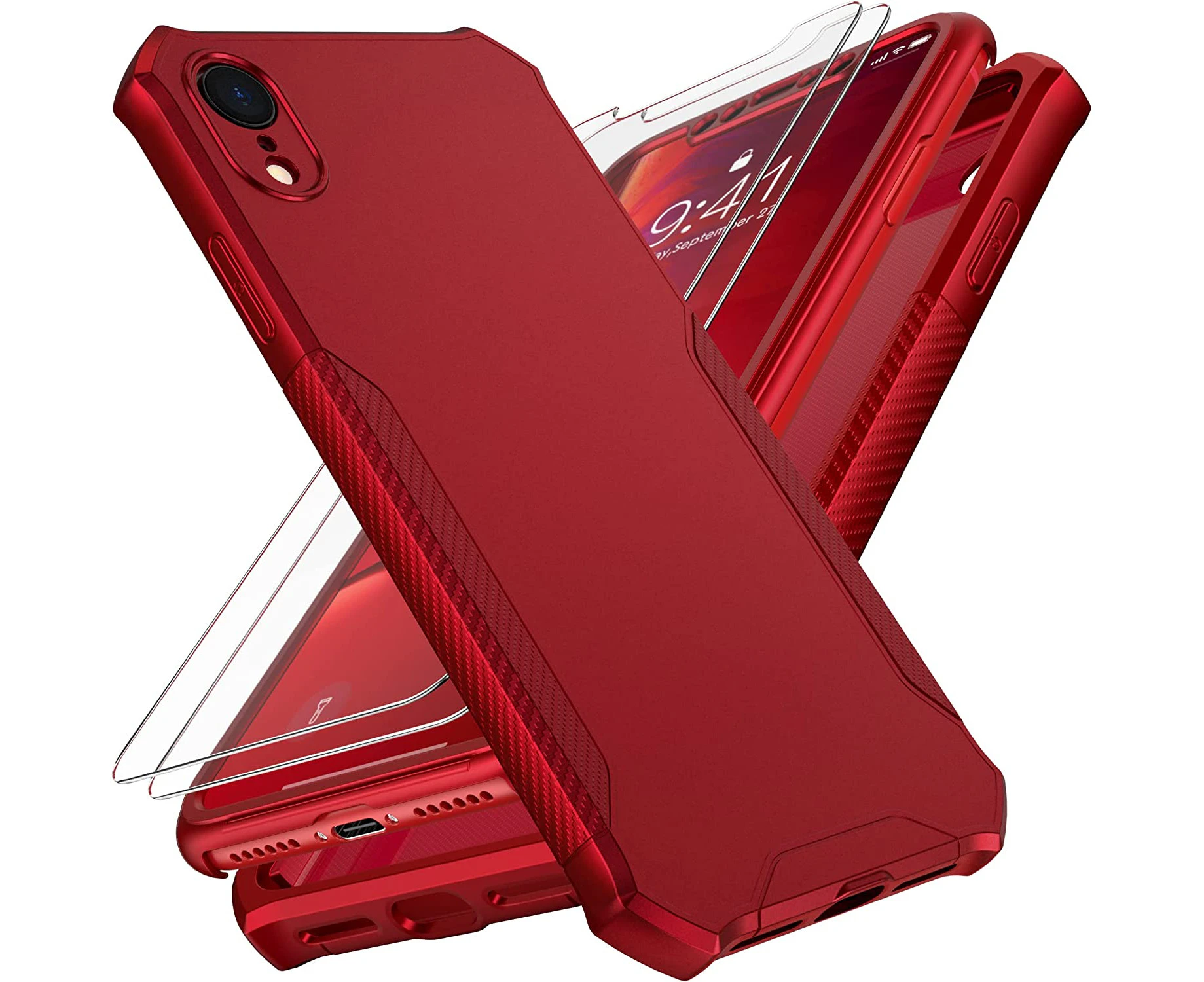 ORETech 360°Protective for iPhone XR Case and [2 x 9H Glass Screen Protectors] [Full Body Shockproof] Hard PC Front with Silicone TPU Bumper Non-Slip Hybri