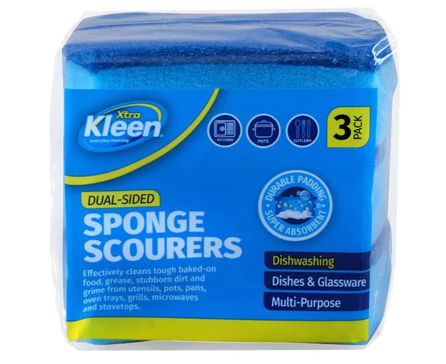 Sponge with Top Scourer 12.5cm x 8.3cm x 3.5cm Pack of 3's