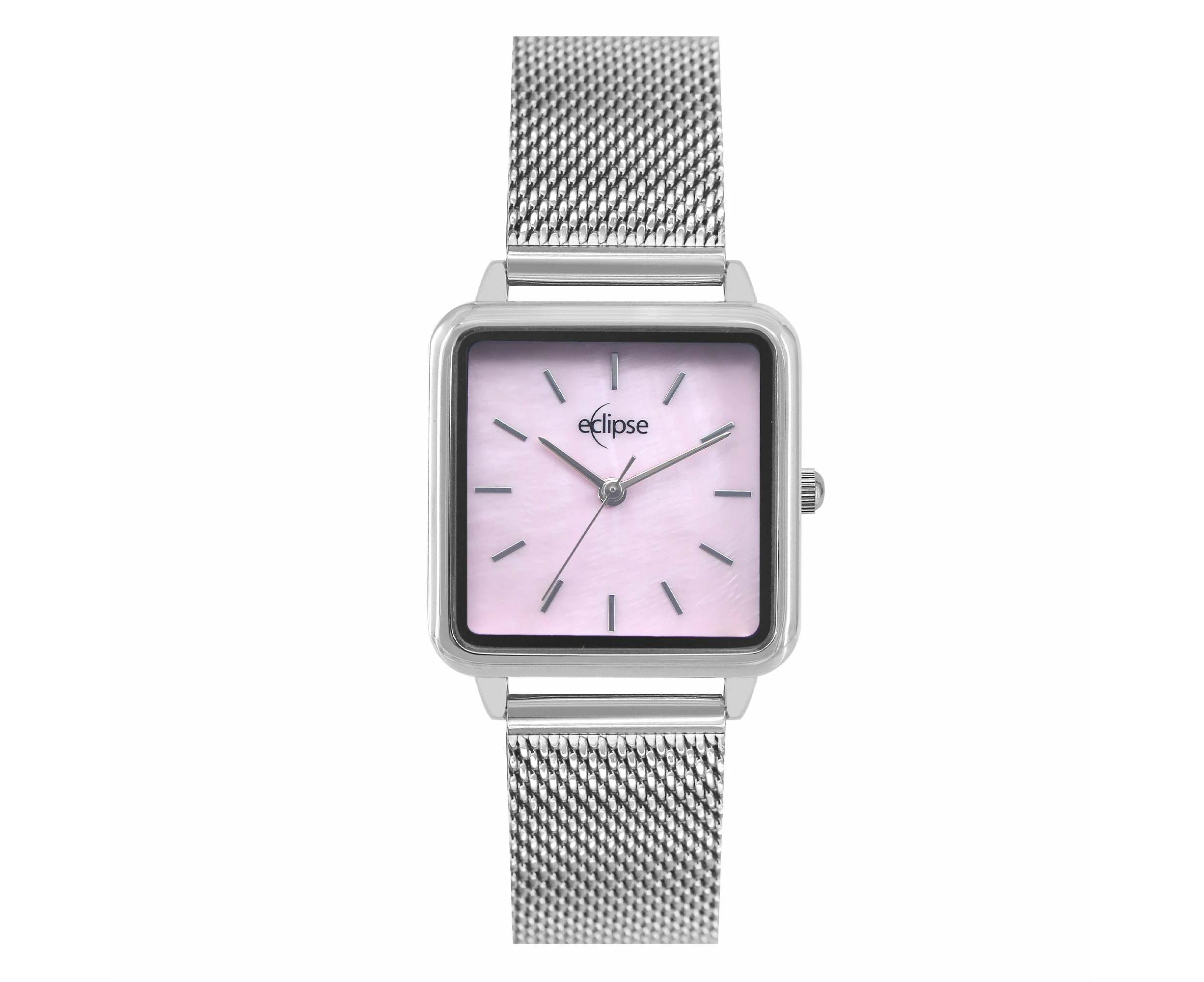 Eclipse Stainless Steel Square Pink Mother of Pearl Dial Silver Band Watch