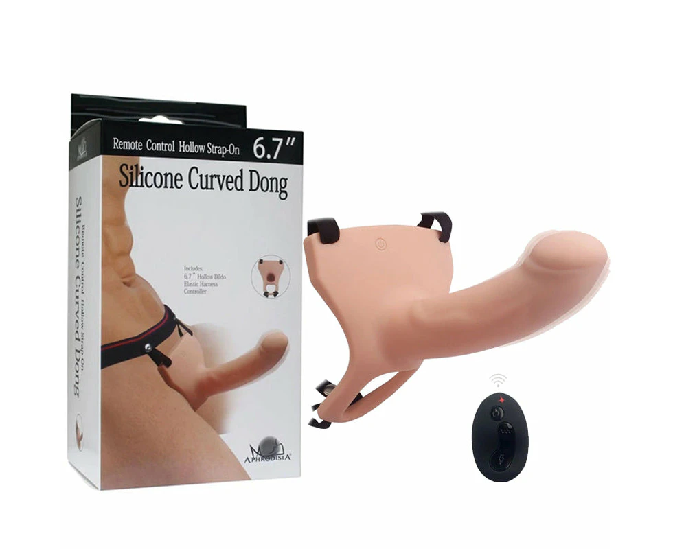 Aphrodisia Remote Control Vibrating Hollow Strap-On Dildo 6.7" Silicone Penis Sleeve Extender - Flesh