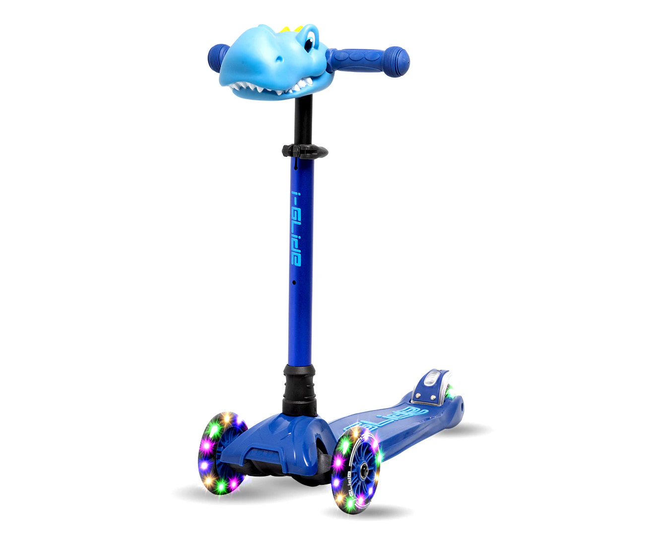 I-GLIDE 3 Wheel Kids Scooter with Dinosaur Head - Blue/Blue