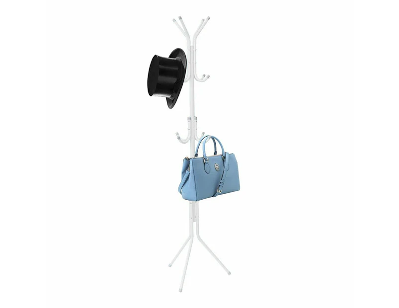 3-Tier Hat Coat Clothes Rack Multifunctional 12-Hook Tree Style Steel Hanger Stand White