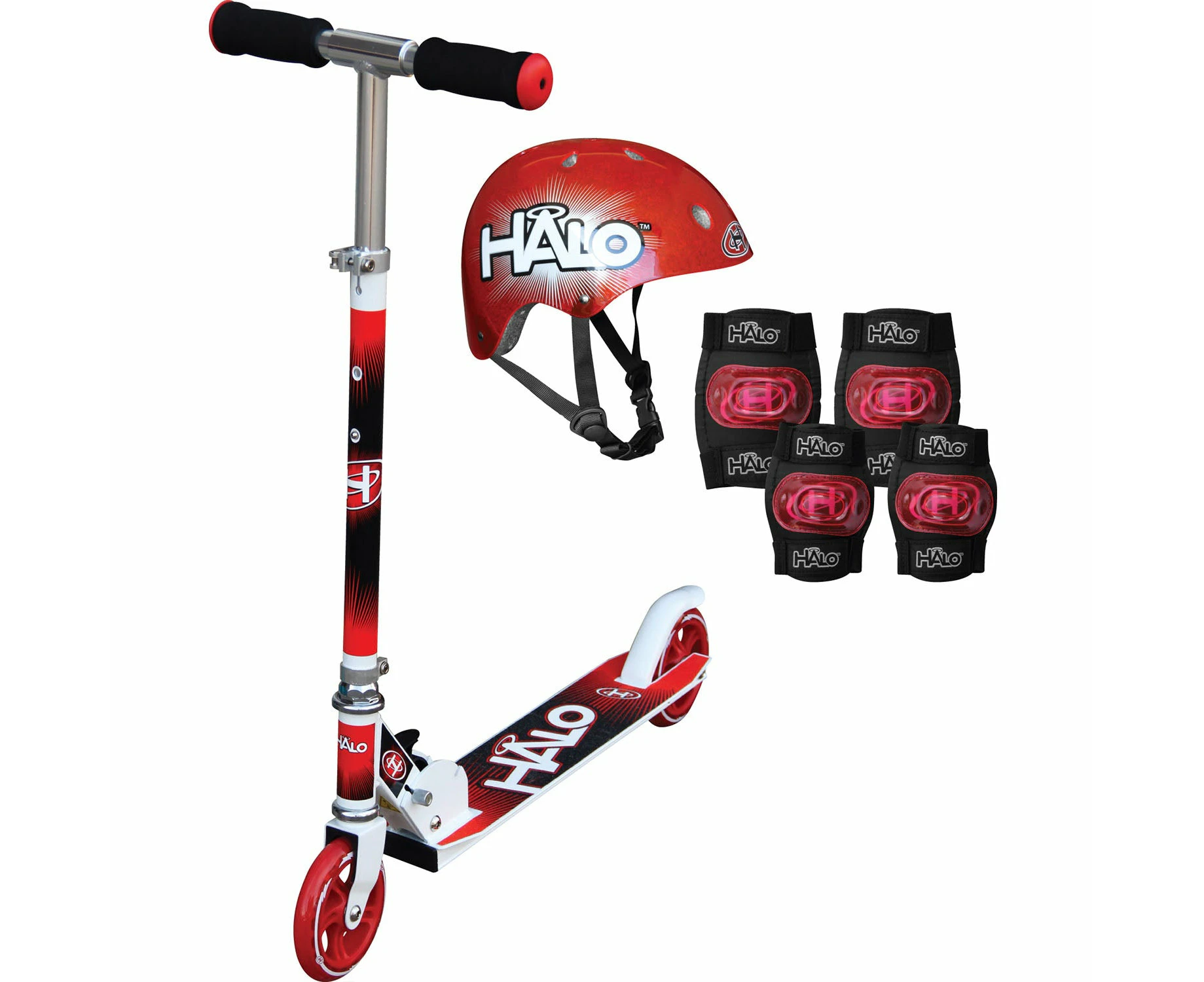 Halo Premium Red Inline Scooter Combo Set With Premium Adjustable Scooter, Helmet And Pads