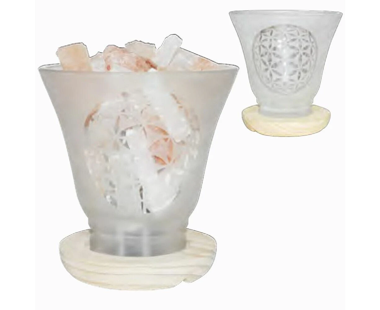 Himalayan Pink Salt Chunks Stones Lamp Frosted Flower of Life Glass Night Light