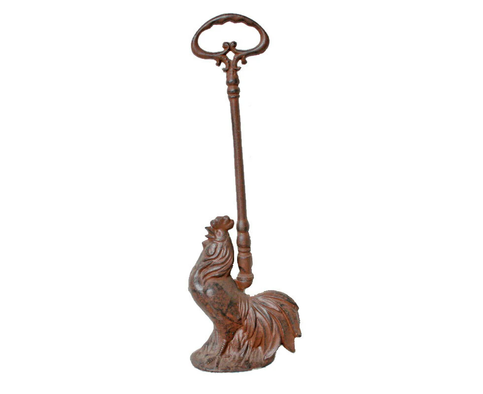 Mr Gecko Cast Iron Hand Made Doorstop Rooster Chook W/ Long Handle Antique Rust