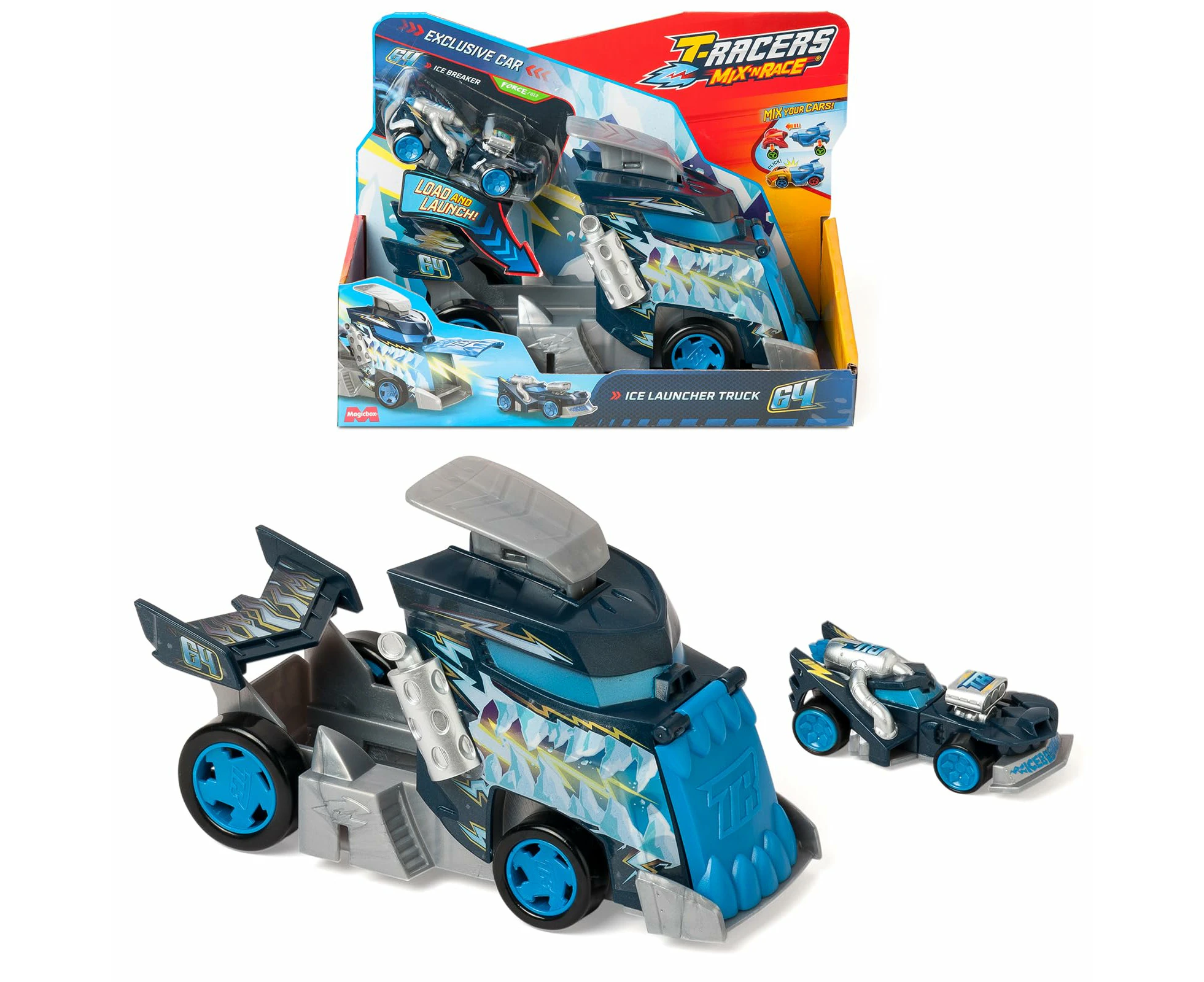 T-Racers Mix ´N Race Ice Launcher Truck – Launcher Truck With Ice Details. Includes 1 Exclusive T-Racer Mix ´N Race Vehicle. Press The Trigger To Launch I