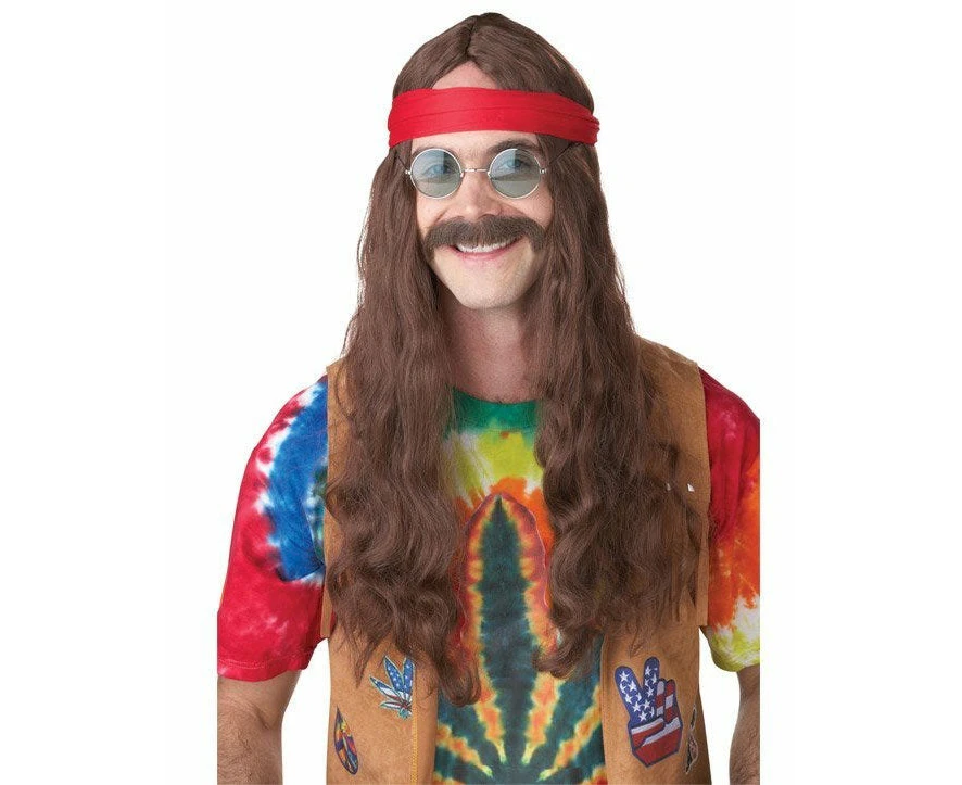 Hippie Man Long Brown 60s 70s Mens Costume Wig & Moustache