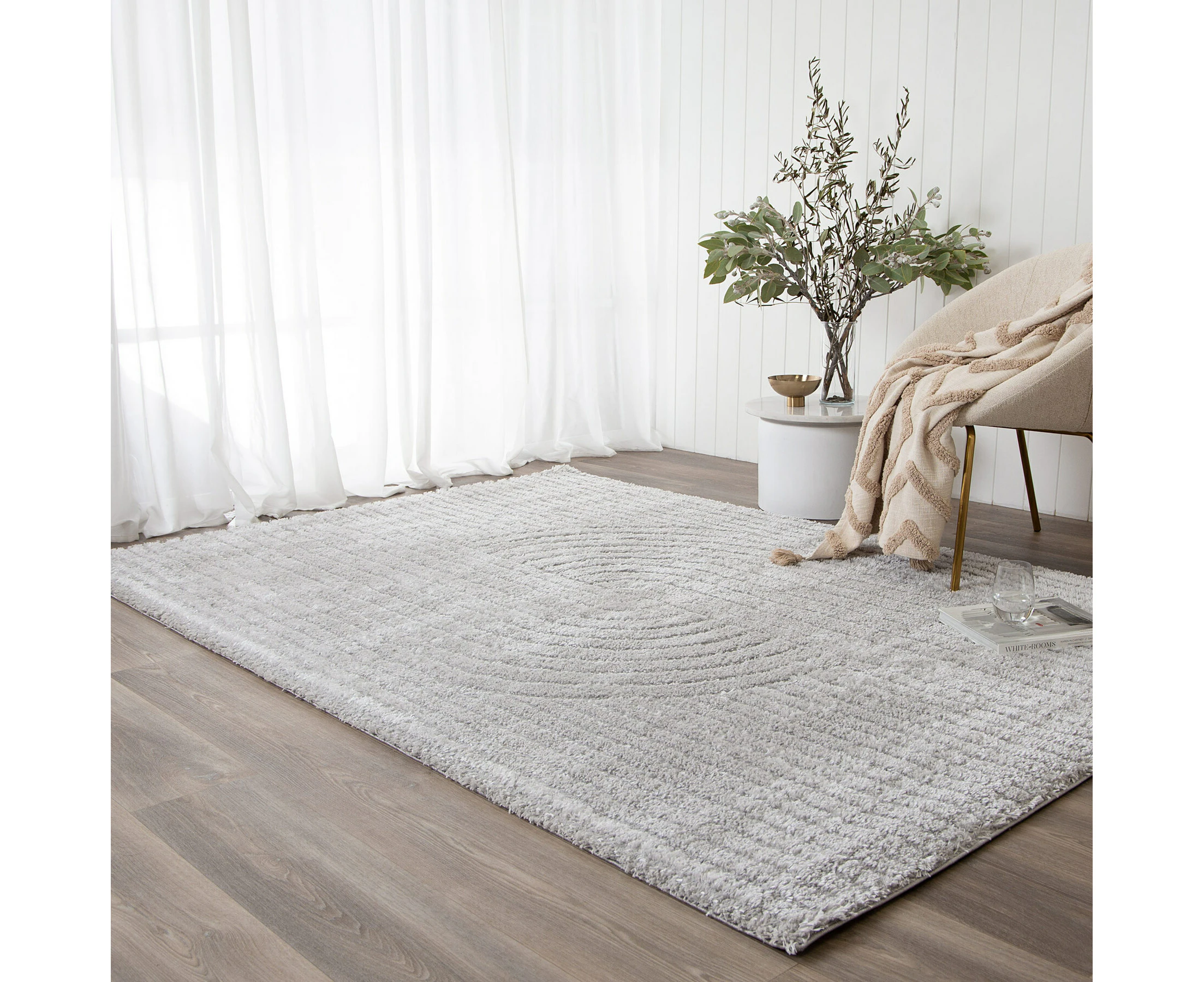 Tetbury Silver Curved Lines Design Soft Pile Shaggy Floor Rug - 5 Sizes