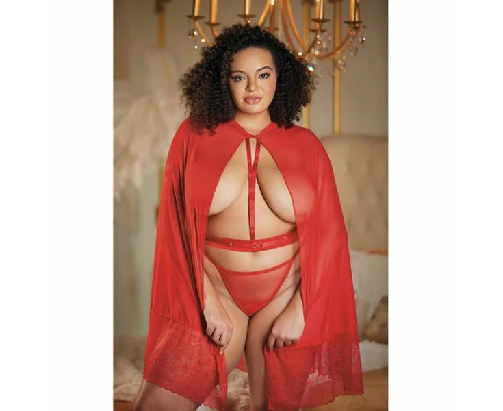 Allure Red Lace & Mesh Cape With Attached Waist Belt Model Alr Lm 001 Women's Lingerie Full Coverage Queen Size