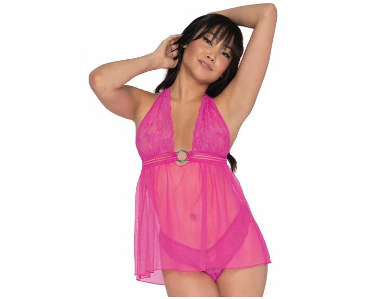 Dreamgirl Simply Sexy Scalloped Stretch Lace & Mesh Halter T Back Babydoll Pink Os