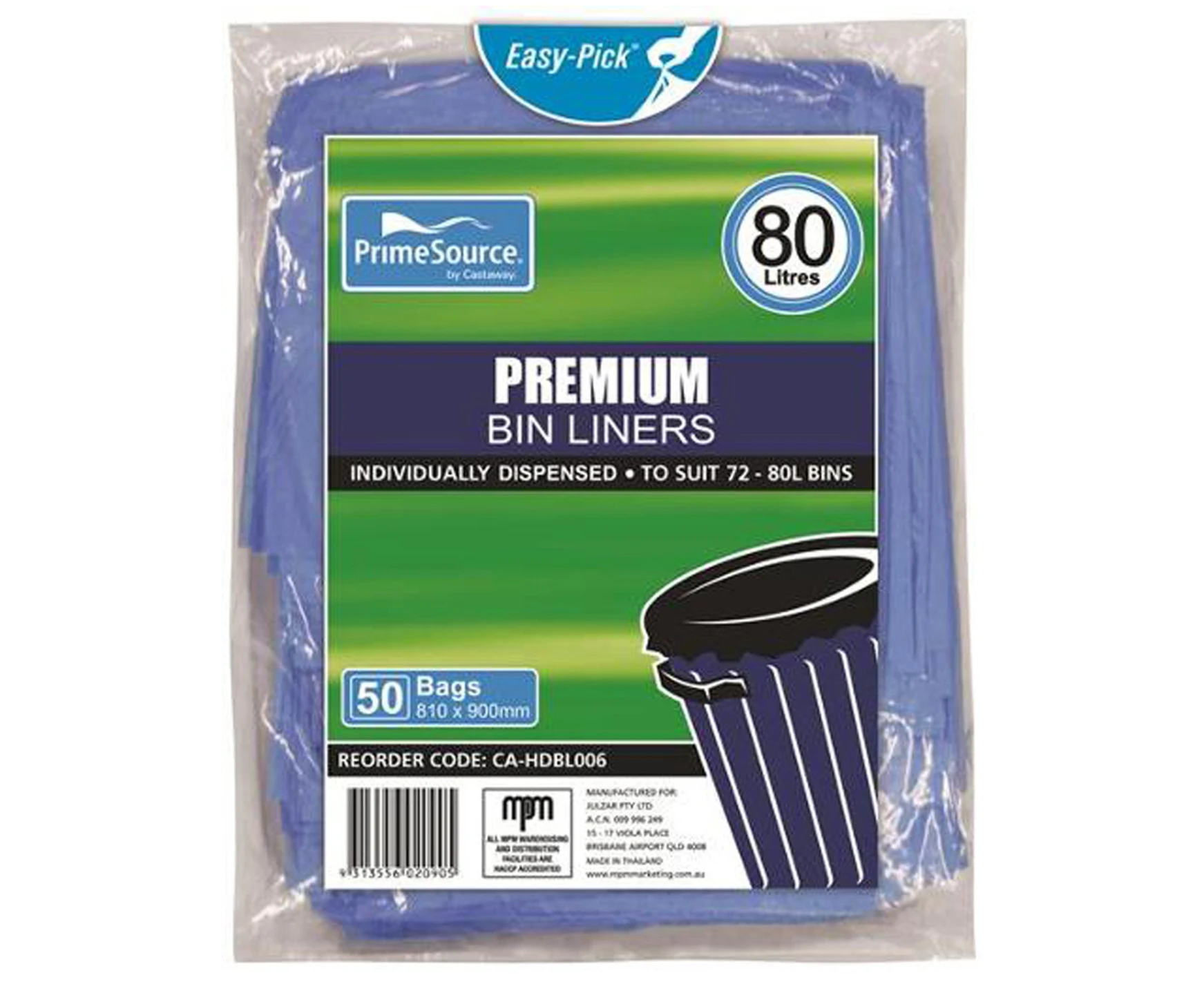 Cast Away Bin Liners Premium Blue 50 Pack 72-80 Litres 810 by 900 mm x 10