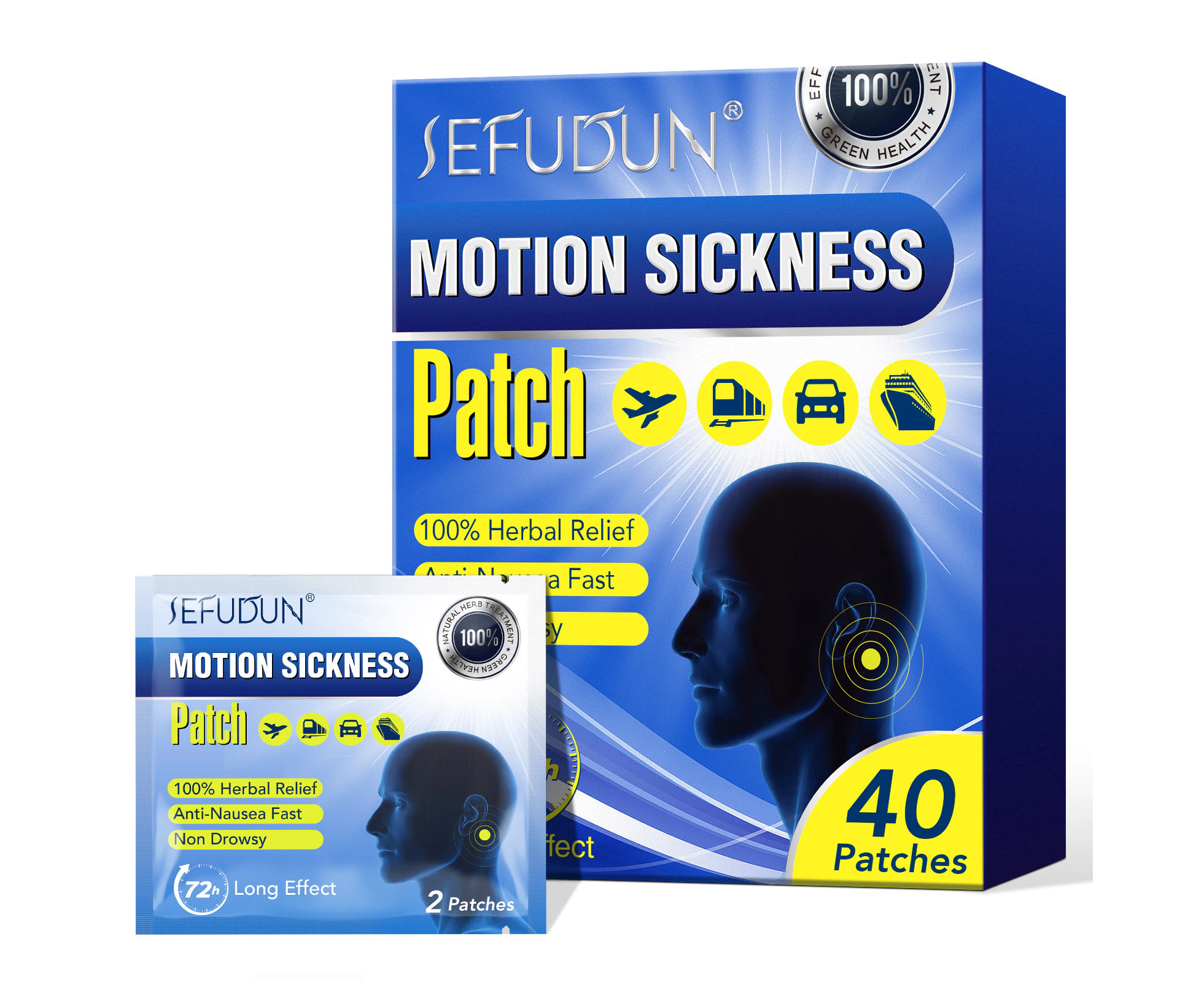 Sefudun Motion Sickness Patch 40 patches Travel Anti Nausea Safe & Effective Car, Sea, Aeroplan Pads