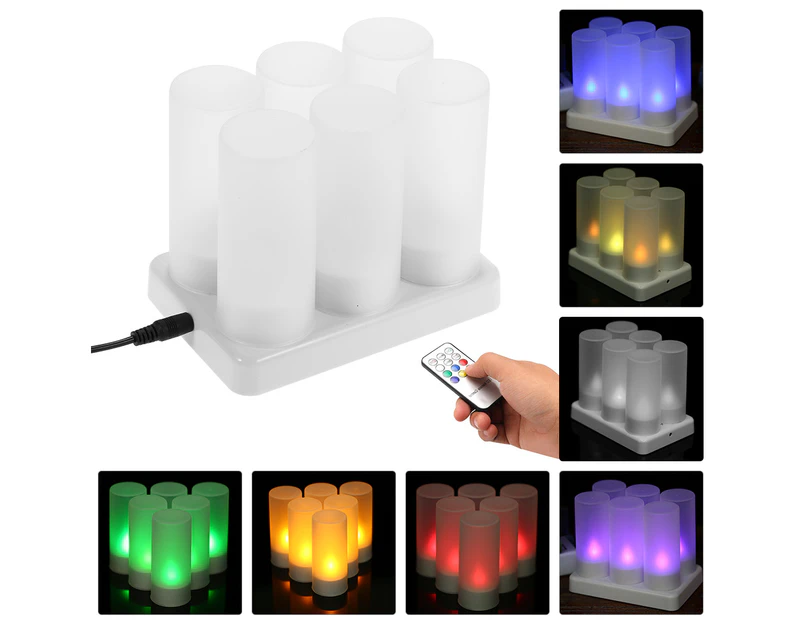 Set of 6 Rechargeable LED Color Changing Flickering Flameless Tealight Candles Lights with Remote Control USB 5V Frosted Cups Charging Base for Christmas P